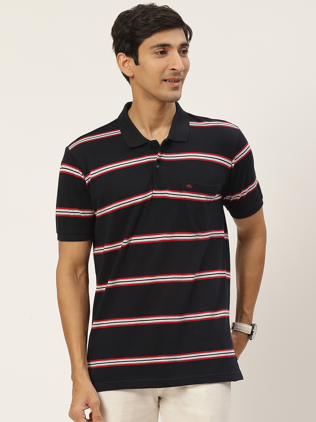 

Monte Carlo Men Navy Blue & White Striped Polo Collar Pure Cotton T-shirt