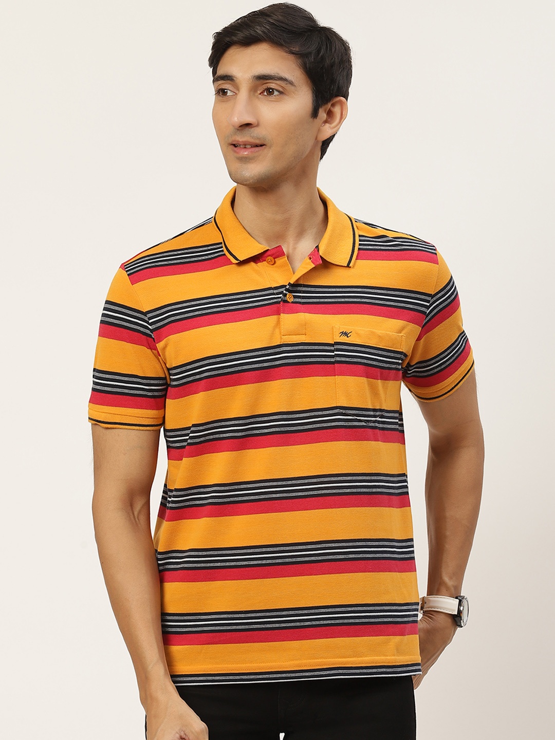 

Monte Carlo Men Mustard Yellow & Black Striped Polo Collar Pure Cotton T-shirt