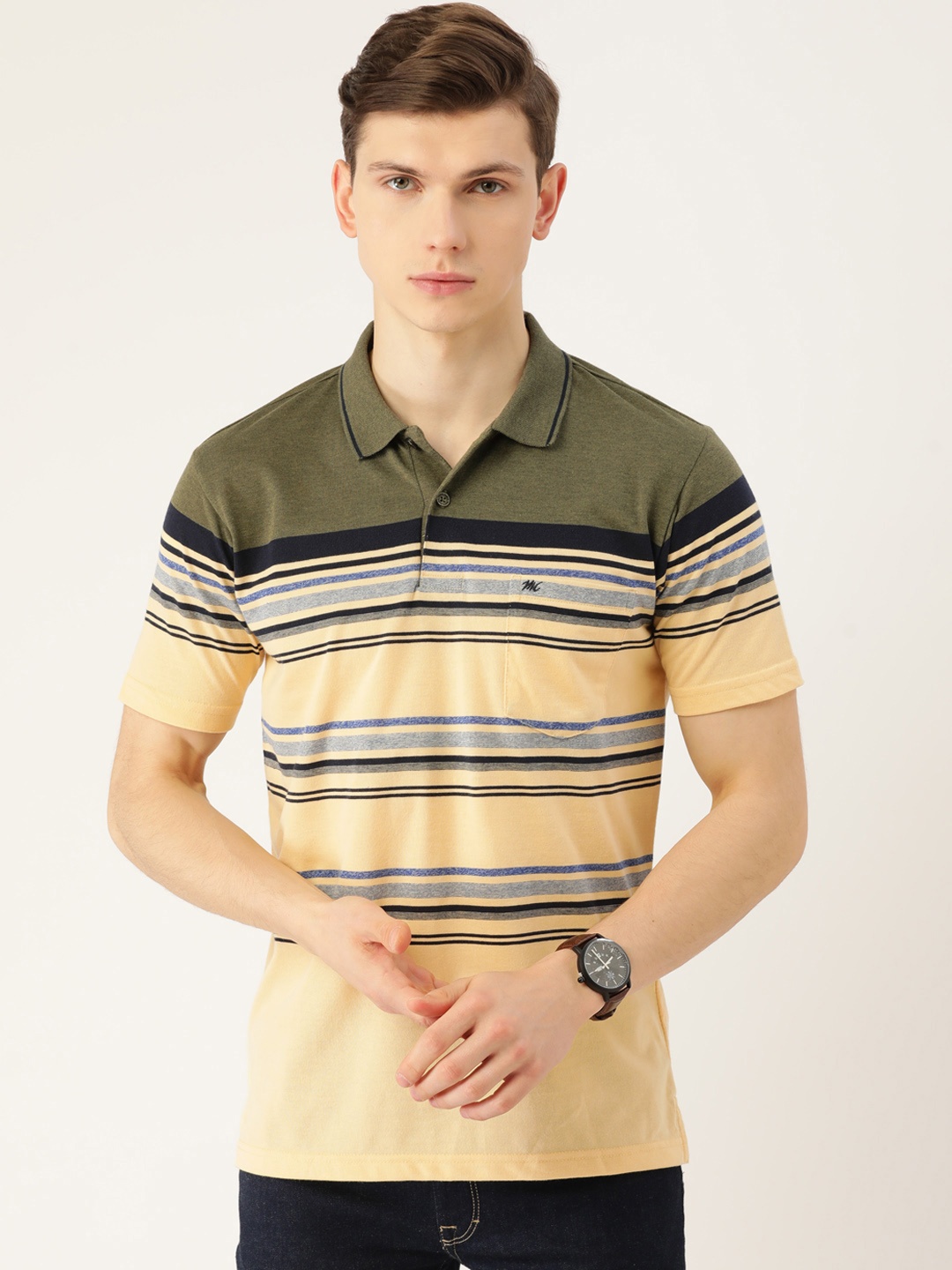 

Monte Carlo Men Yellow & Olive Green Striped Polo Collar Cotton Rich T-shirt