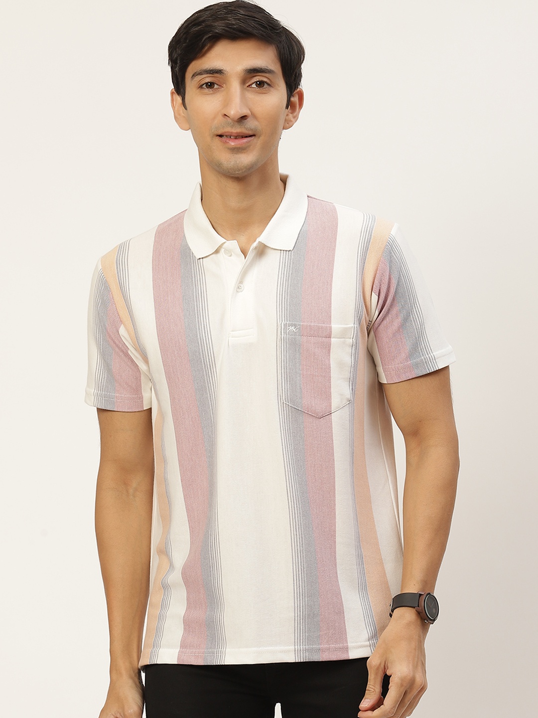 

Monte Carlo Men White & Rose Striped Polo Collar Pure Cotton T-shirt