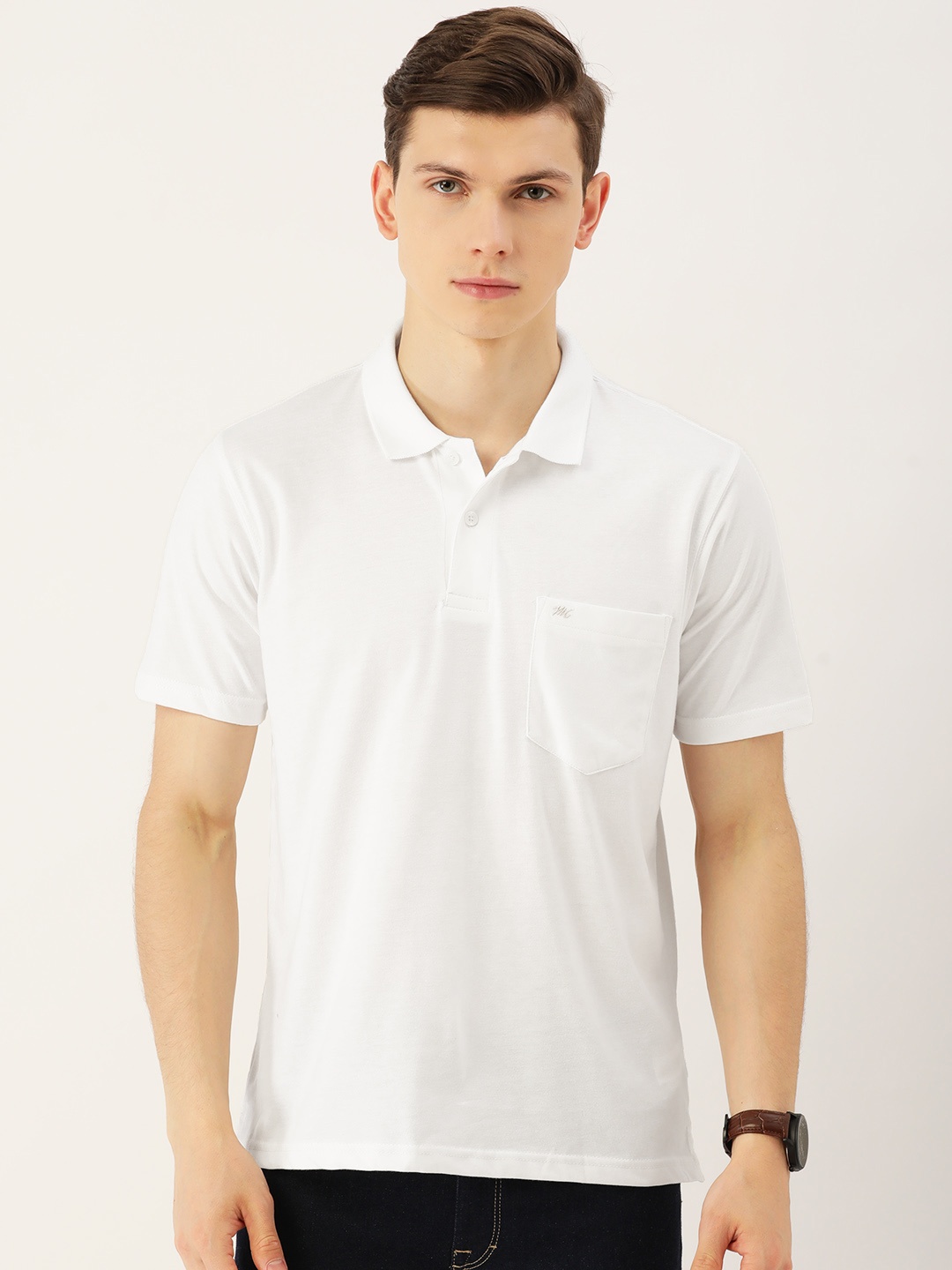 

Monte Carlo Men White Solid Polo Collar Cotton Rich T-shirt