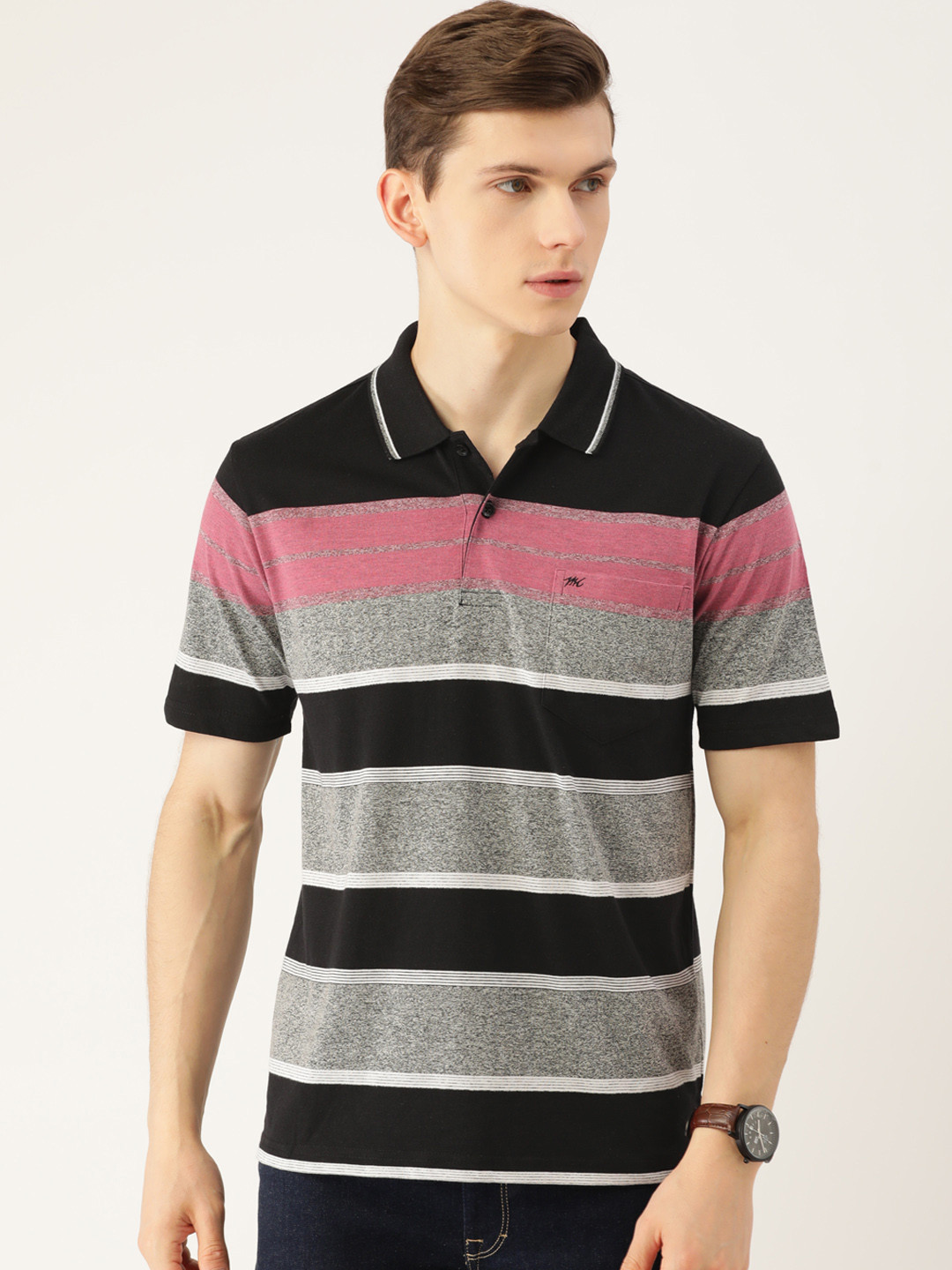 

Monte Carlo Men Black & Grey Melange Striped Polo Collar Cotton Rich T-shirt