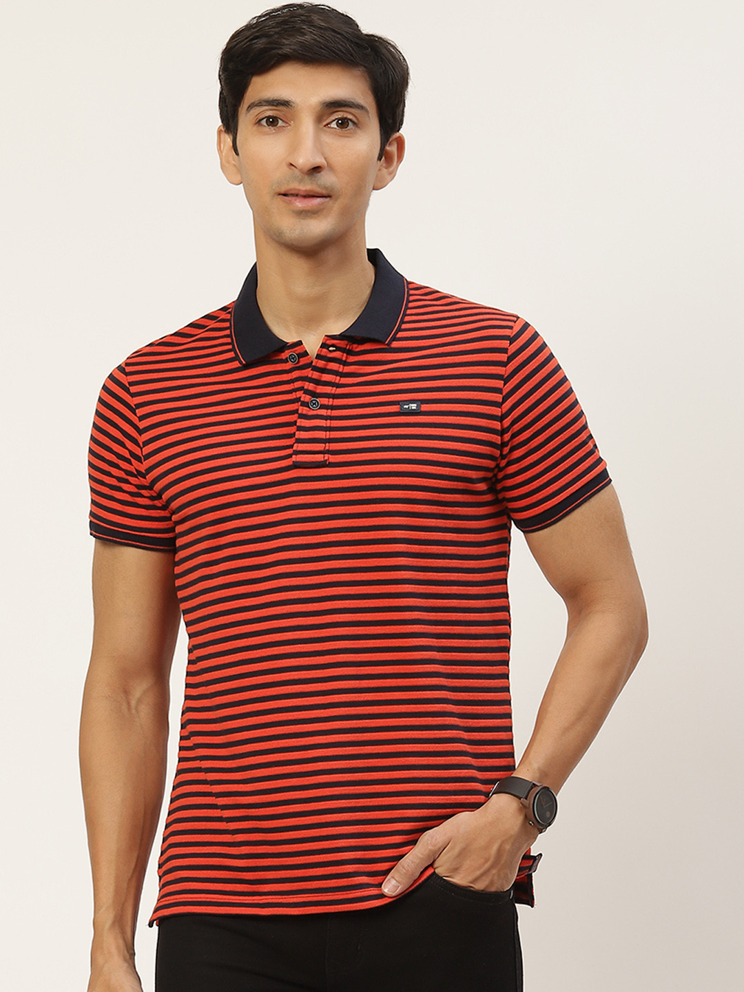 

Monte Carlo Men Orange & Navy Blue Striped Polo Collar T-shirt
