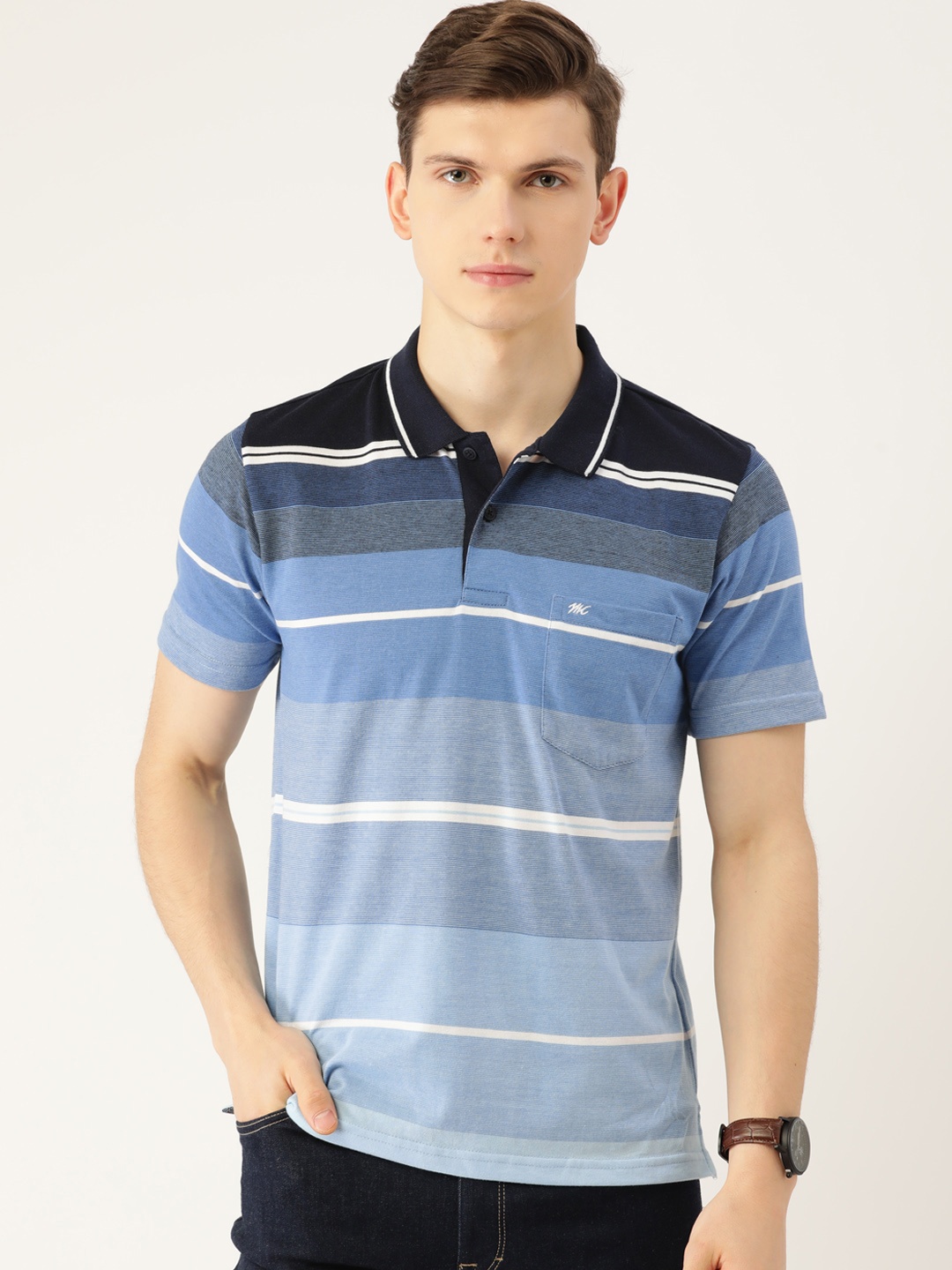 

Monte Carlo Men Blue & White Striped Polo Collar Cotton Rich T-shirt