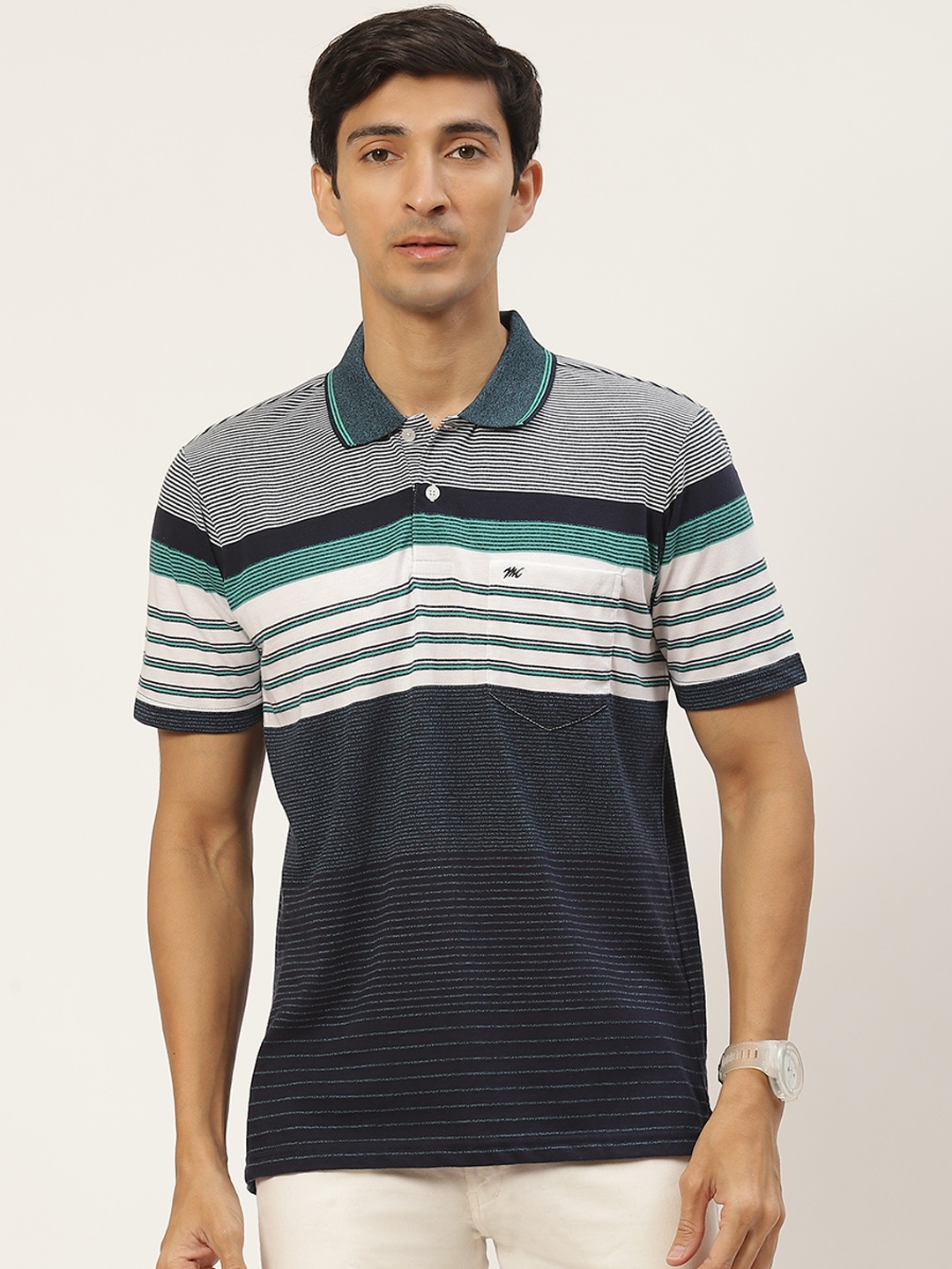 

Monte Carlo Men Navy Blue & White Striped Polo Collar T-shirt