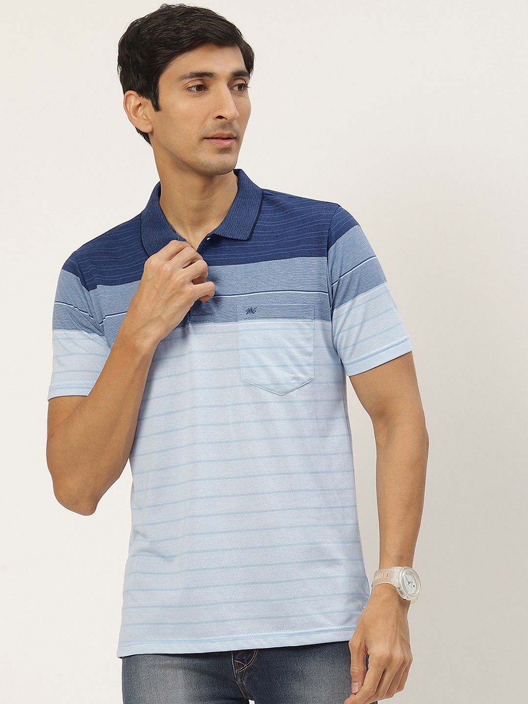 

Monte Carlo Men Blue Striped Polo Collar T-shirt