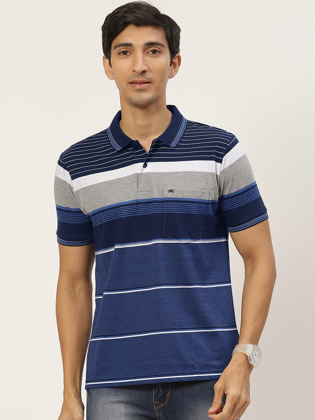 

Monte Carlo Men Navy Blue & Grey Melange Striped Polo Collar T-shirt