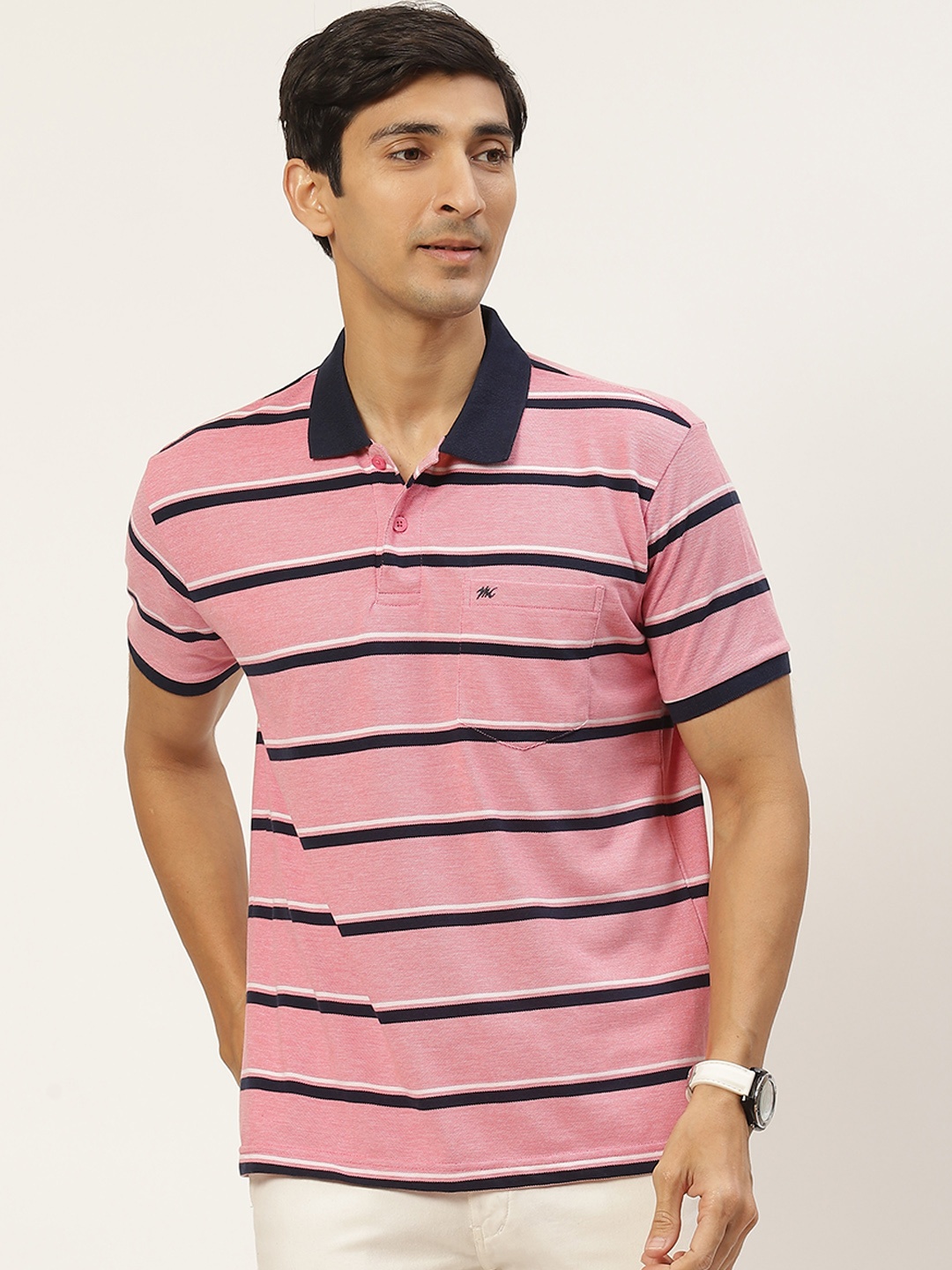 

Monte Carlo Men Pink & Navy Blue Striped Polo Collar T-shirt