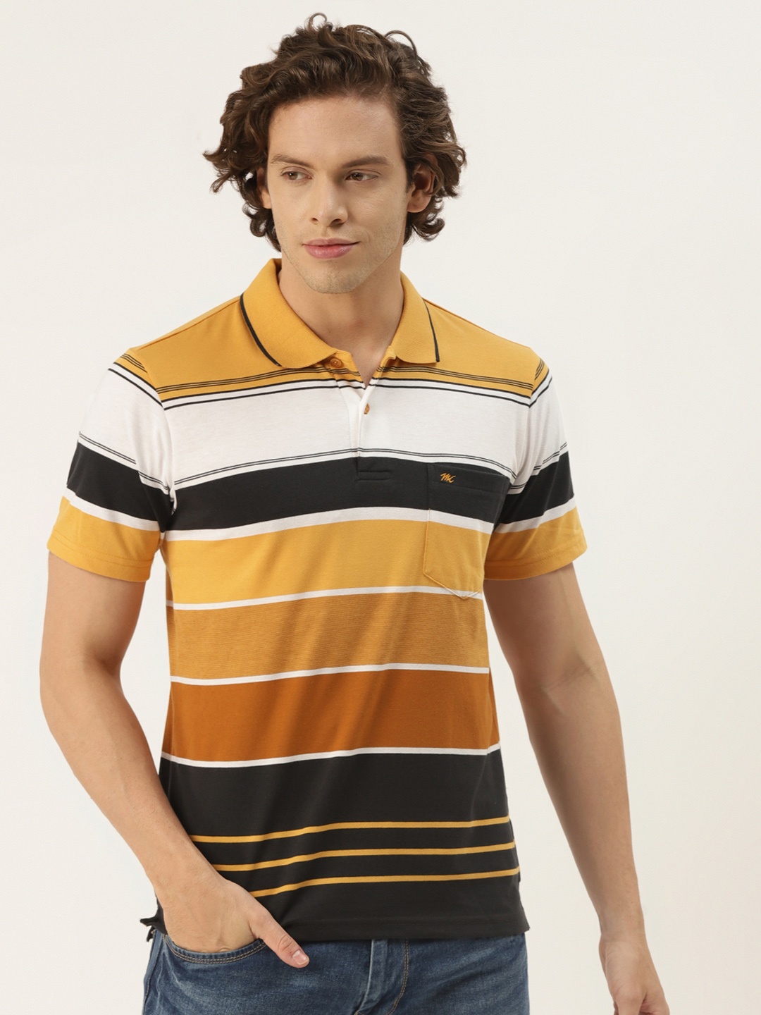 

Monte Carlo Men Yellow & White Striped Polo Collar T-shirt