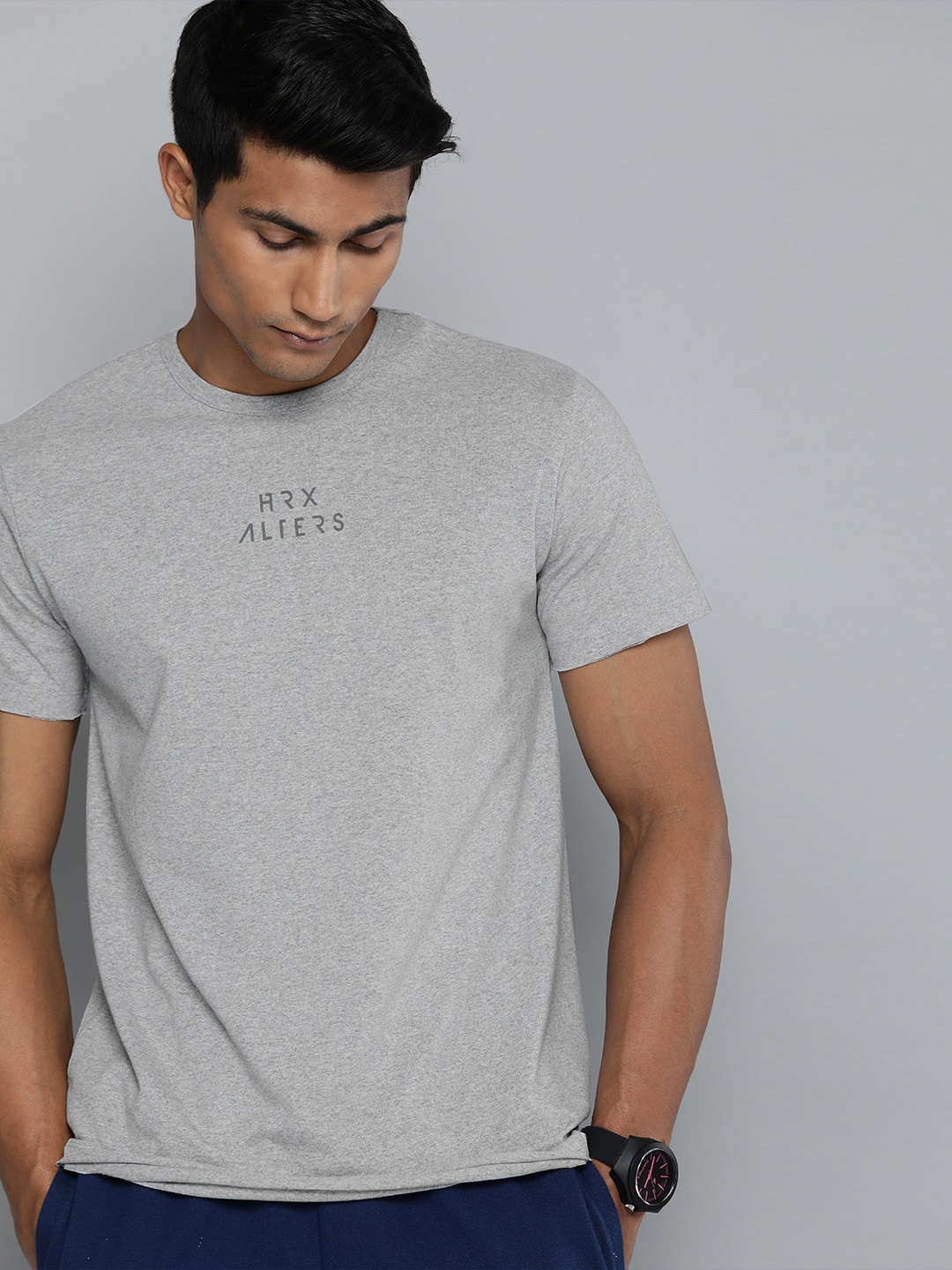 

HRX By Hrithik Roshan Lifestyle Men Grey Melange Bio-Wash Brand Carrier T-shirt