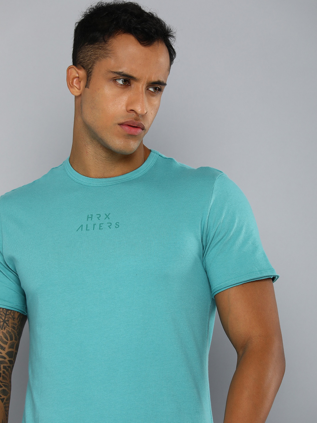 

HRX by Hrithik Roshan Lifestyle Men Turquoise Blue Brand Logo Pure Cotton Bio-Wash T-shirt