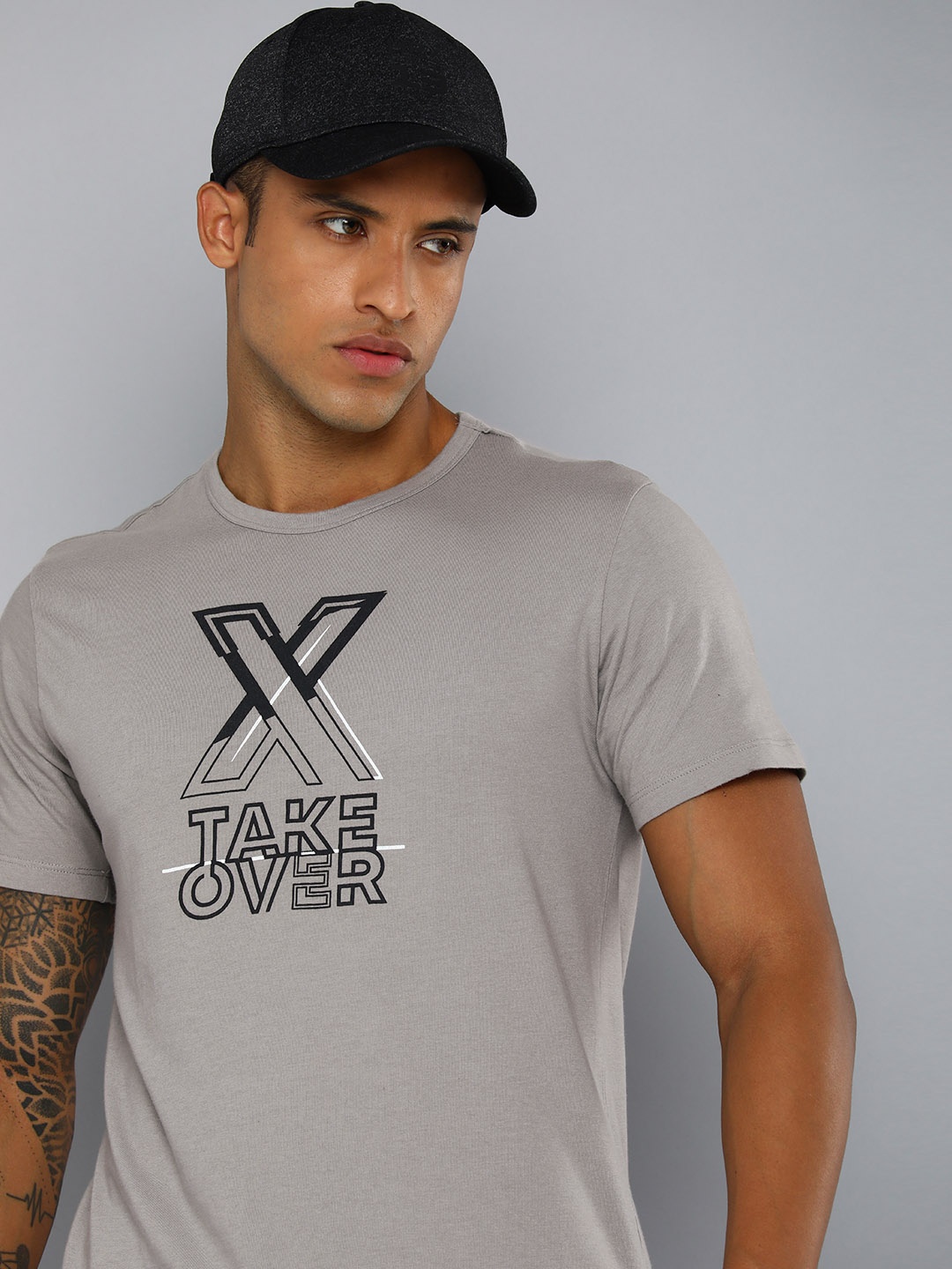 

HRX by Hrithik Roshan Lifestyle Men Grey Typography Printed Bio-Wash Pure Cotton T-shirt