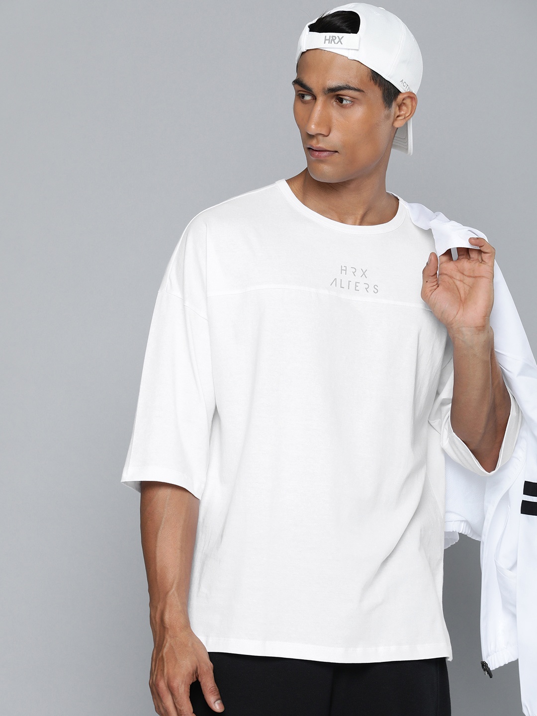 

HRX by Hrithik Roshan Men White Brand Logo Extended Sleeves Pure Cotton T-shirt