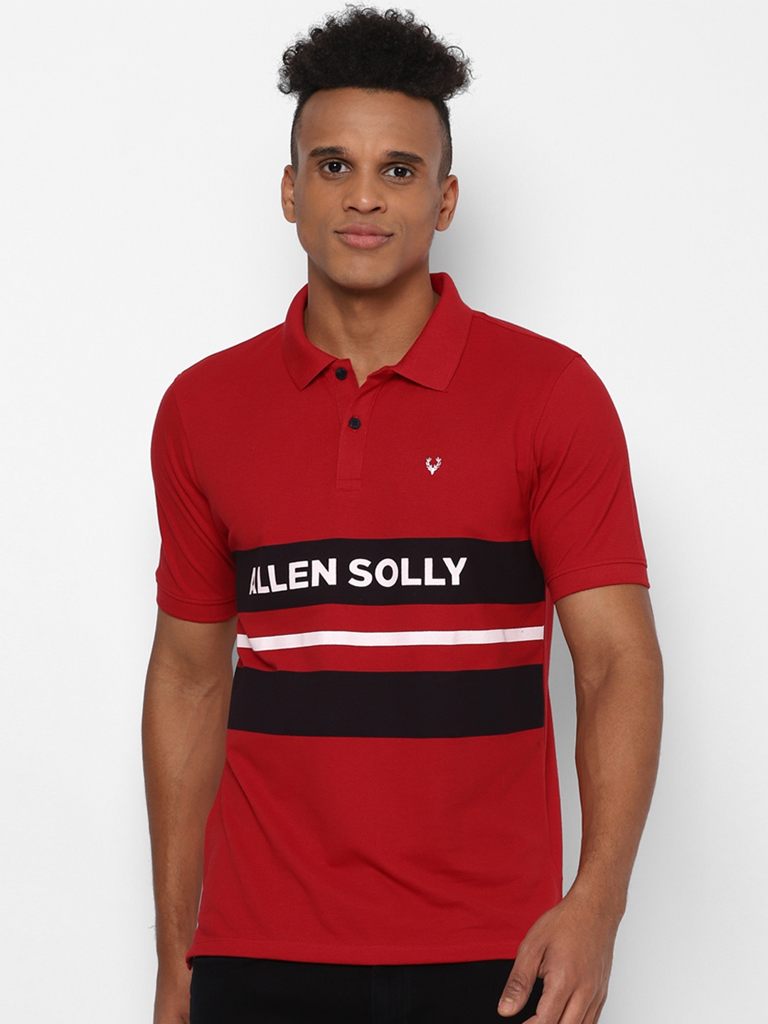 

Allen Solly Men Red & Black Typography Printed Polo Collar T-shirt
