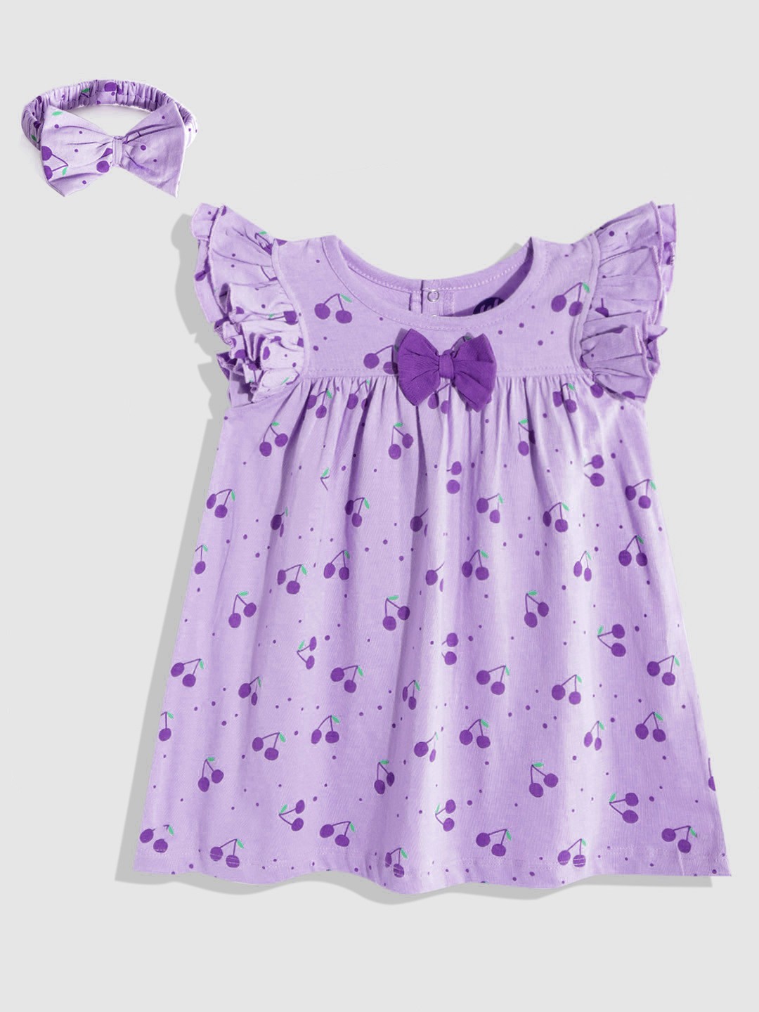 

YK Girls Lavender & Green Pure Cotton Berry Printed A-Line Cap Sleeves Dress