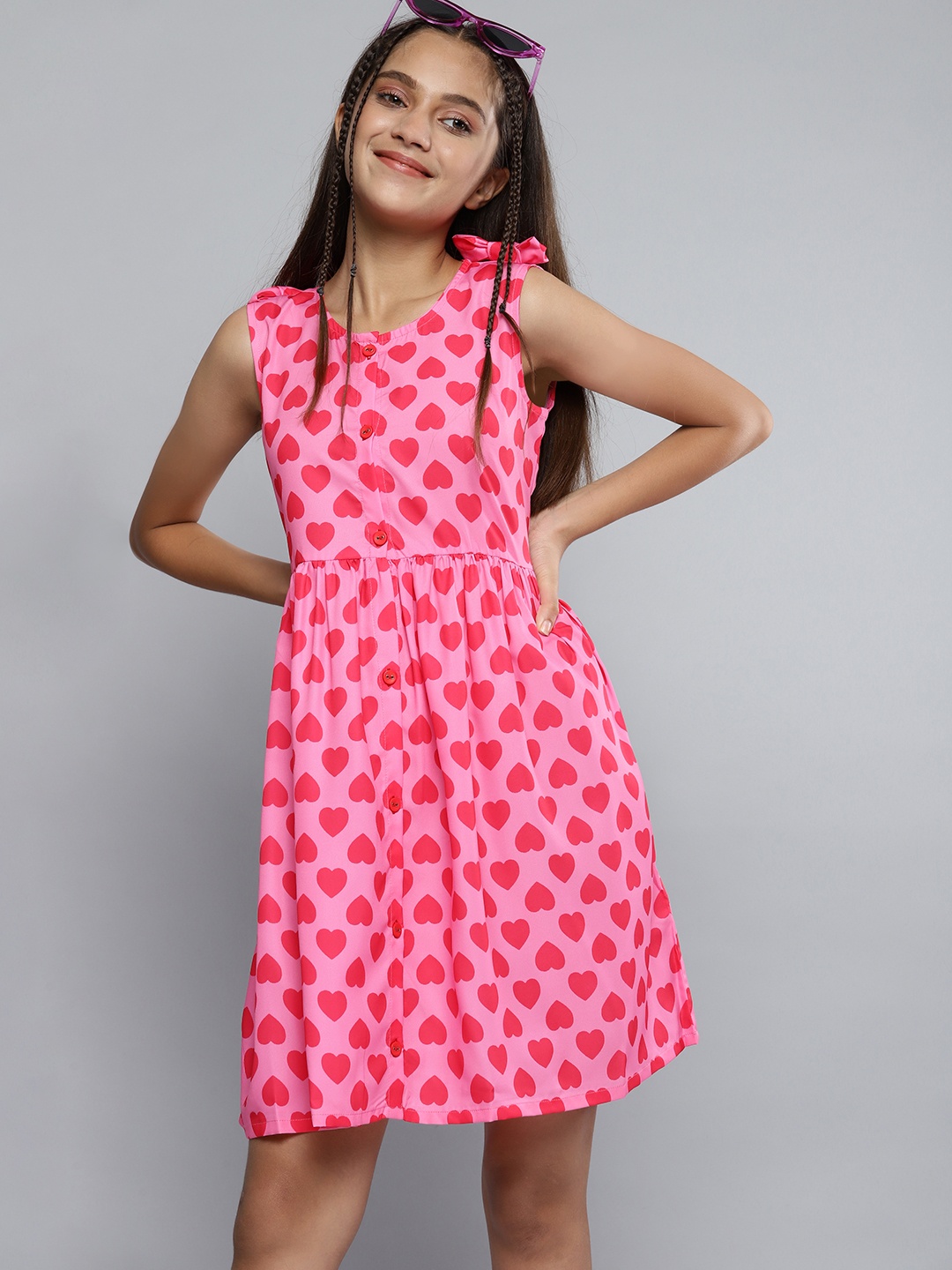 

YK Girls Pink & Red Heart Print Fit & Flare Dress