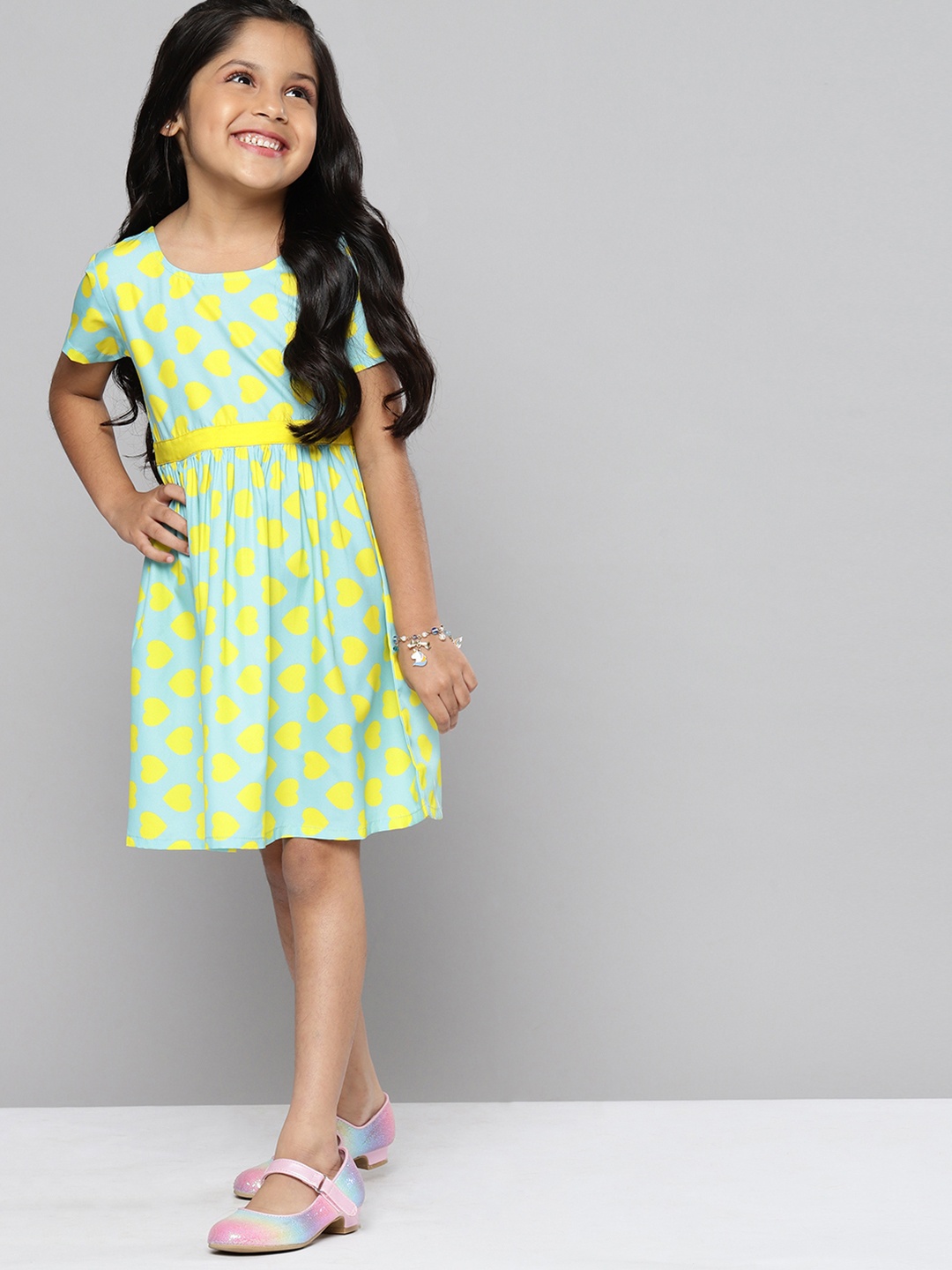 

YK Girls Sea Green & Yellow Heart Print Fit & Flare Dress