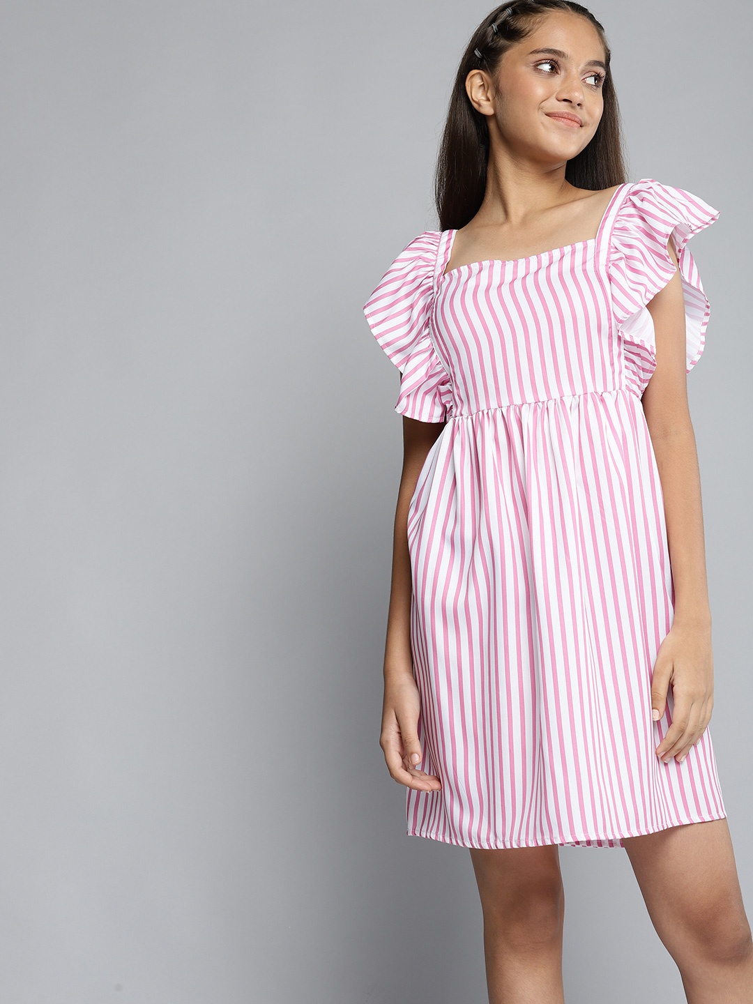 

YK Girls White & Pink Striped Fit & Flare Dress