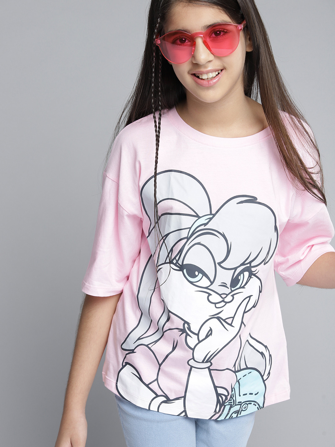 

YK Girls Pink & White Bugs Bunny Print Pure Cotton T-shirt