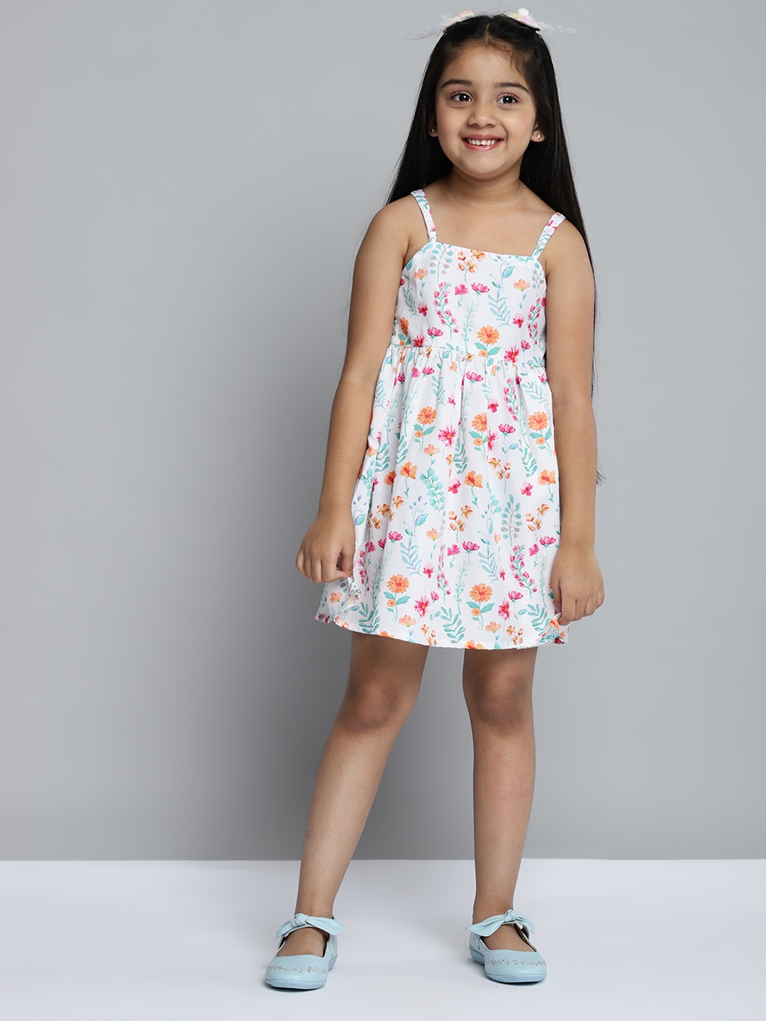 

YK Girls White & Pink Floral Print Fit & Flare Dress