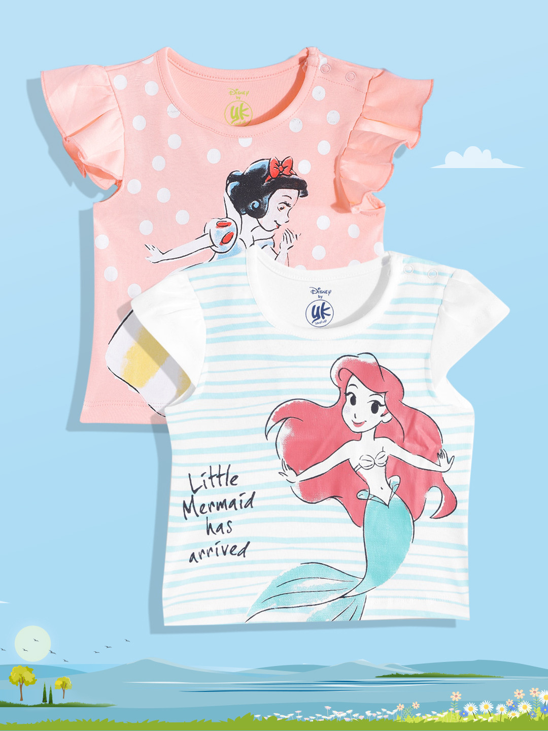 

YK Disney Infant Girls Pack of 2 Snow White & Ariel Print Pure Cotton T-shirt