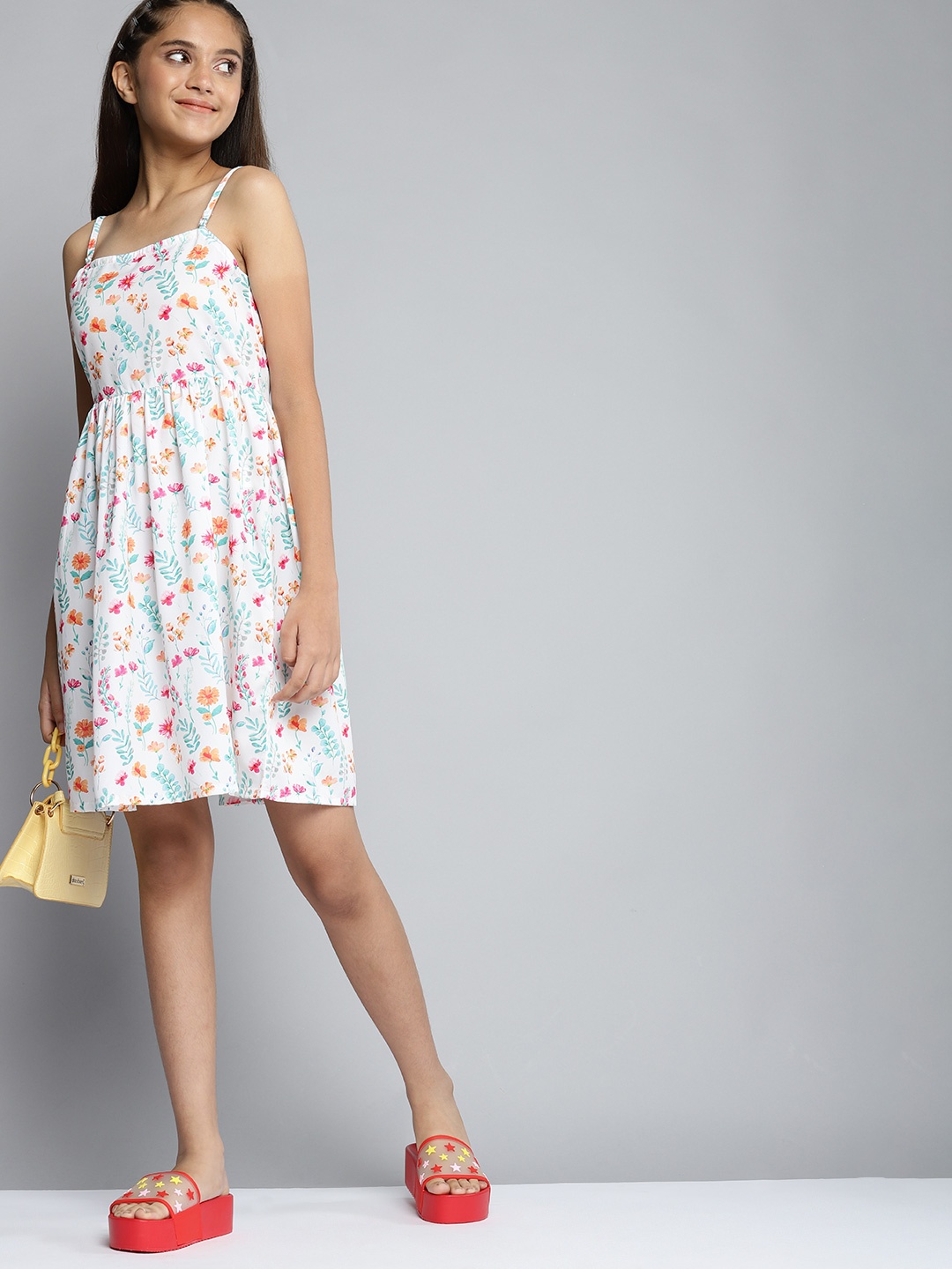 

YK Girls White & Pink Floral Print Fit & Flare Dress