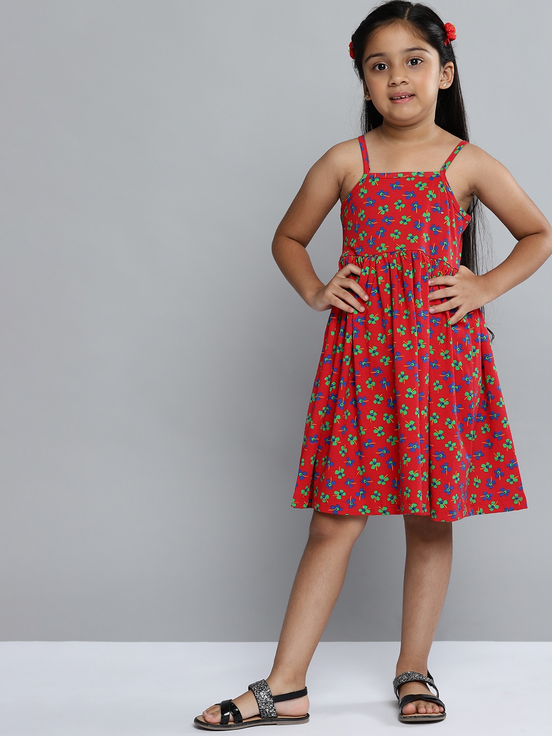 

YK Girls Red Floral Printed Empire Dress