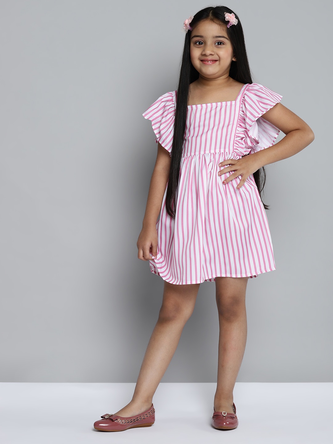 

YK Girls White & Pink Striped Fit & Flare Dress
