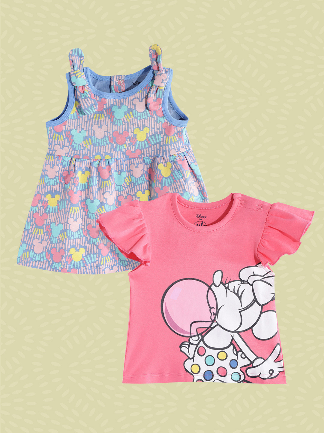 

YK Disney Infant Girls Blue & Pink Mickey Mouse Print Pure Cotton A-Line Dress with Top
