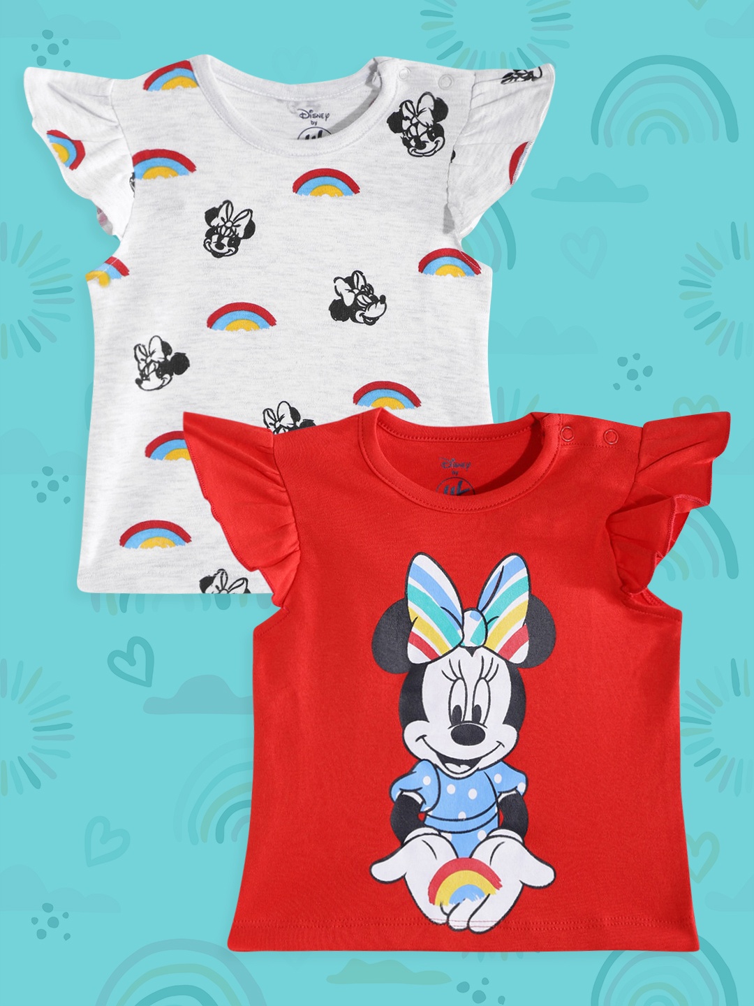 

YK Disney Infant Girls Pack of 2 Minnie Mouse Print Tops, Grey melange