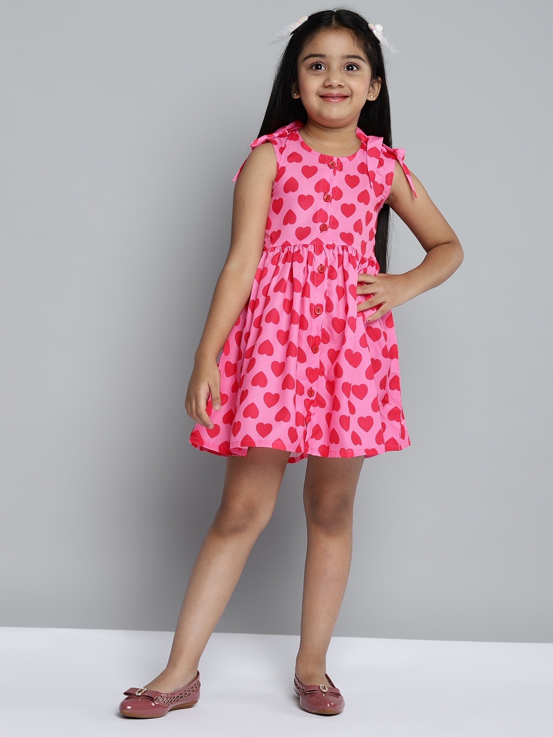 

YK Girls Pink & Red Heart Print Fit & Flare Dress
