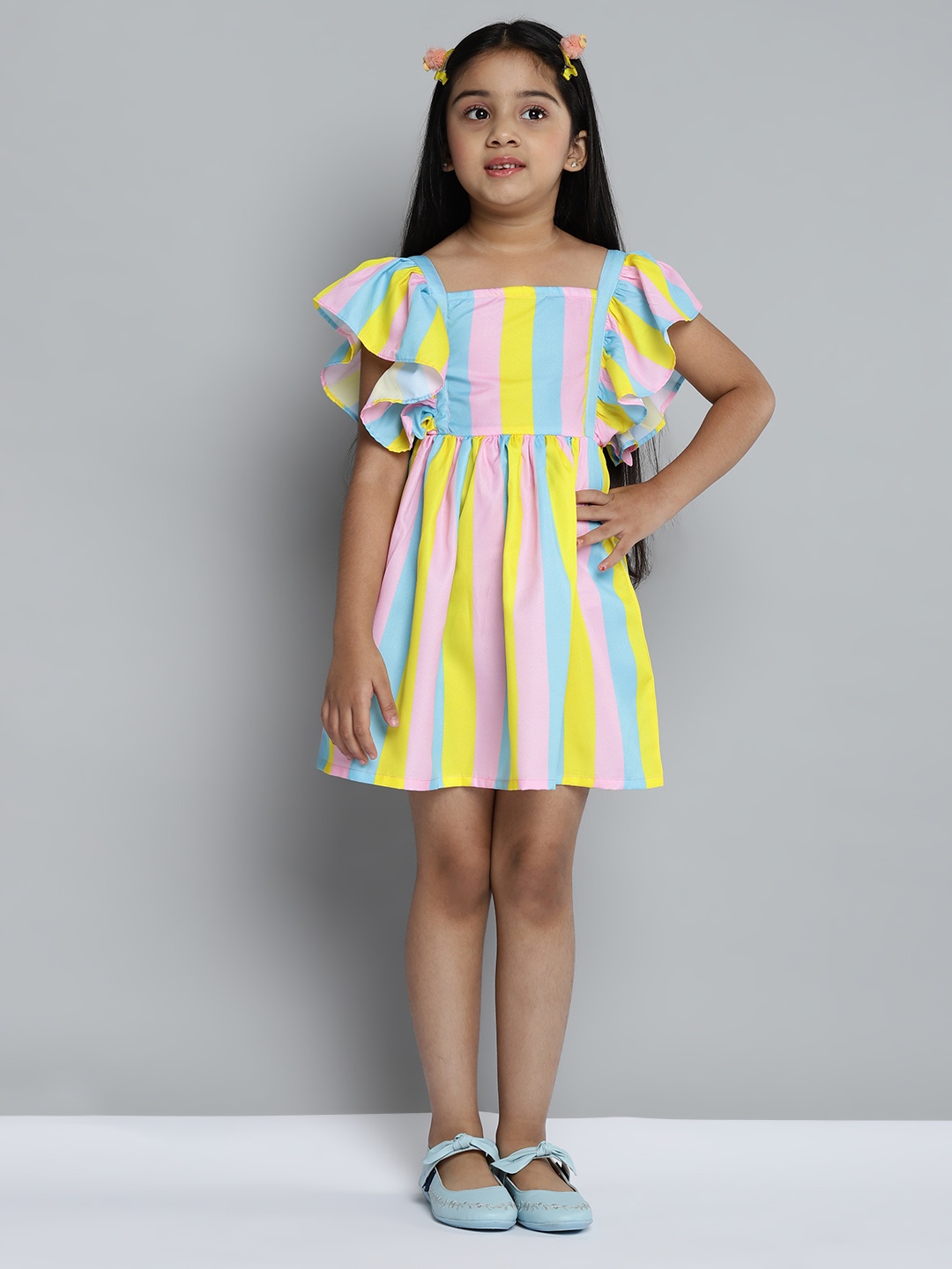 

YK Girls Blue & Pink Candy Striped Fit & Flare Dress