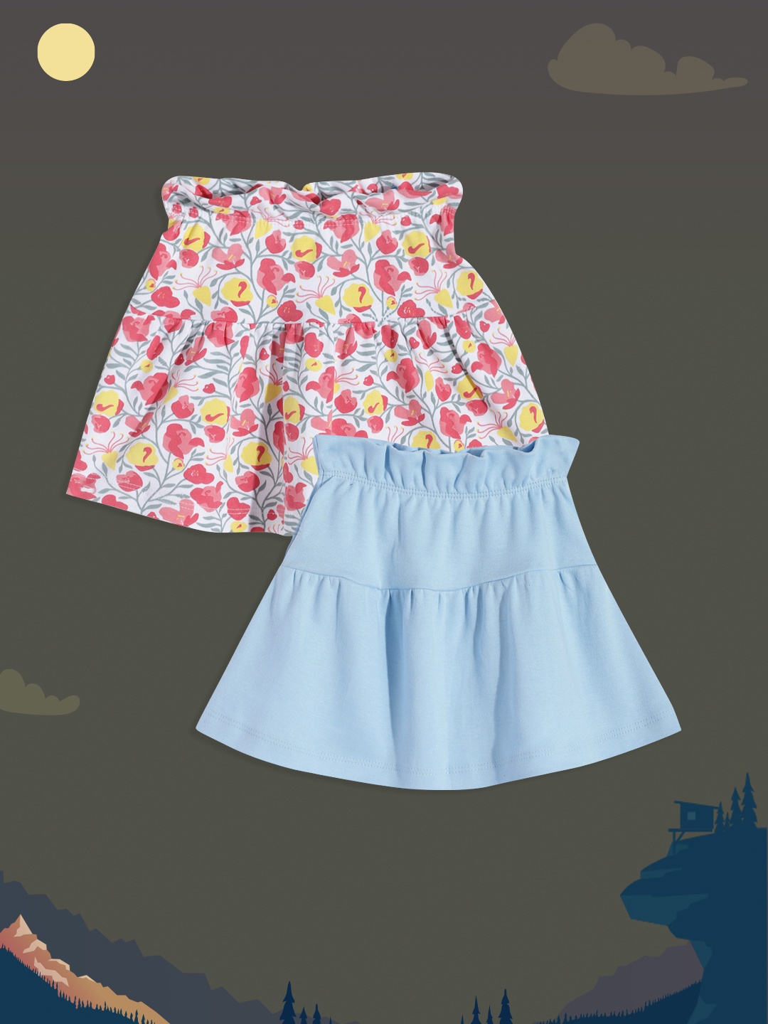 

YK Infant Girls Set of 2 Flared Knee Length Pure Cotton Skirts, Blue