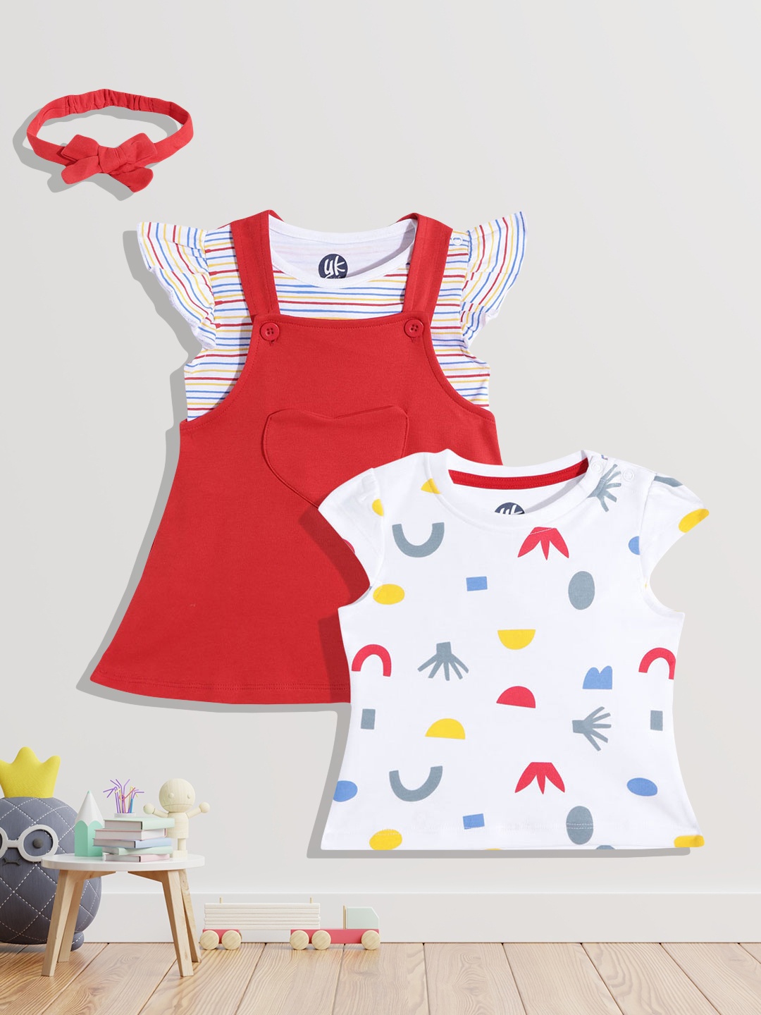 

YK Girls Red & White Solid Pure Cotton Pinafore Dress with T-shirt & Hairband