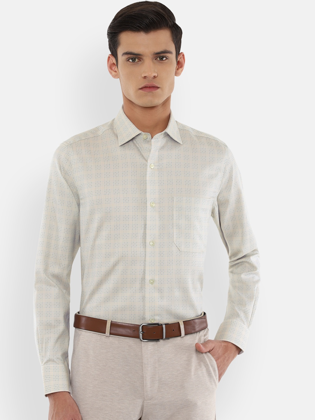 

Louis Philippe Men Beige Checked Formal Shirt