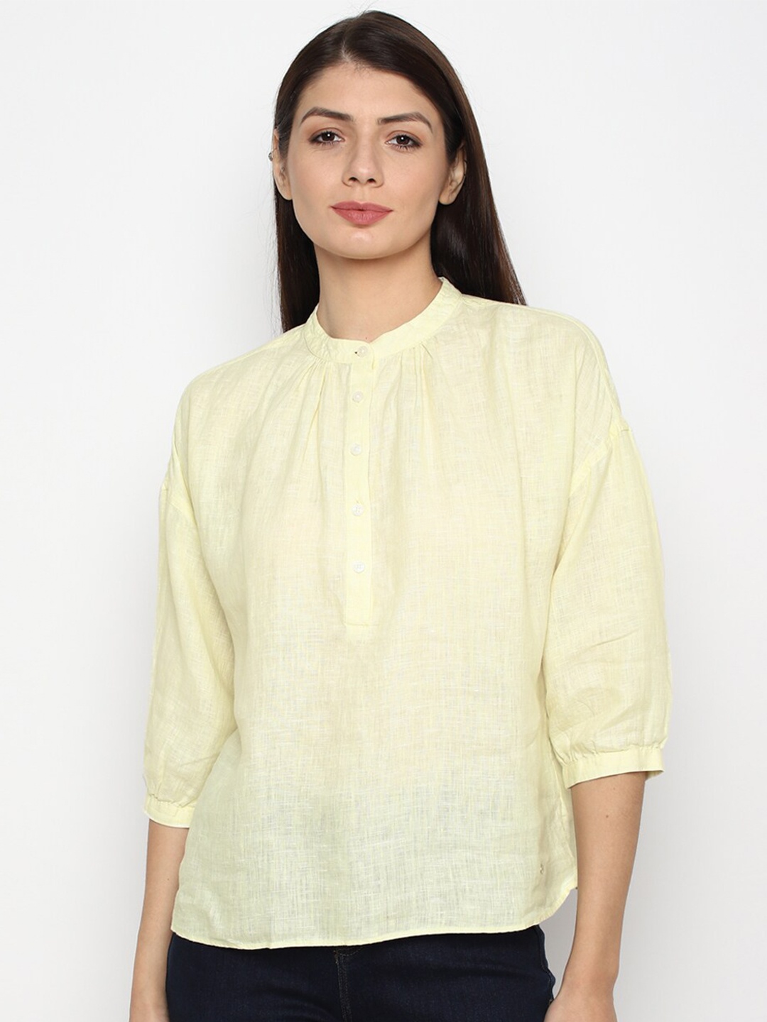 

Allen Solly Woman Yellow Mandarin Collar Linen Top