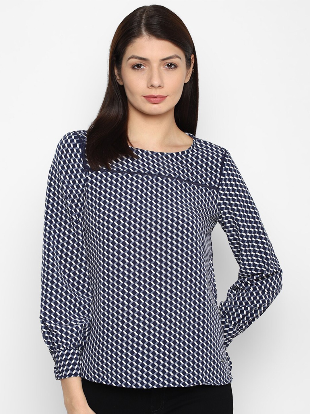 

Allen Solly Woman Navy Blue & White Geometric Print Top