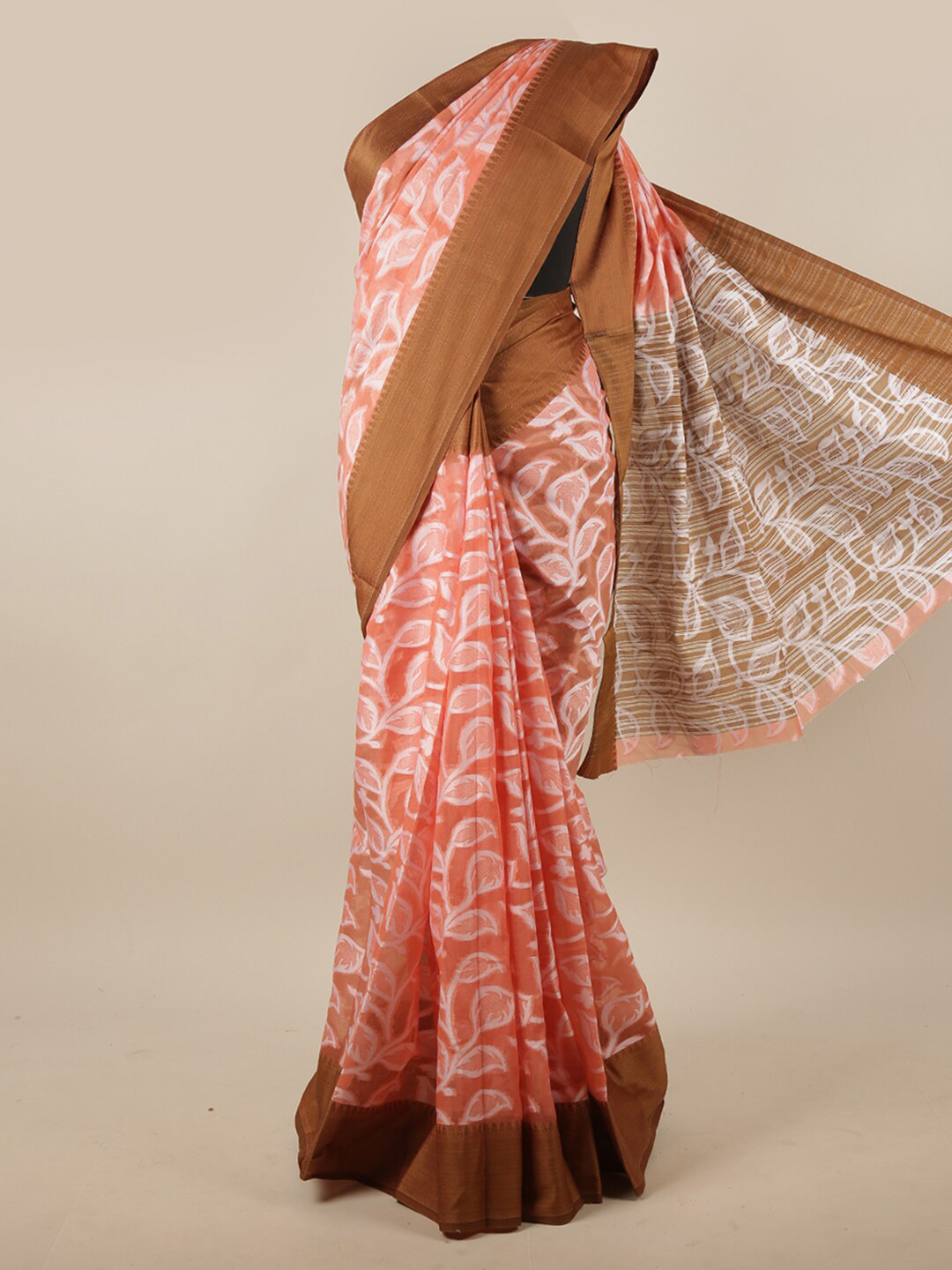 

Pothys Peach-Coloured & White Floral Zari Saree