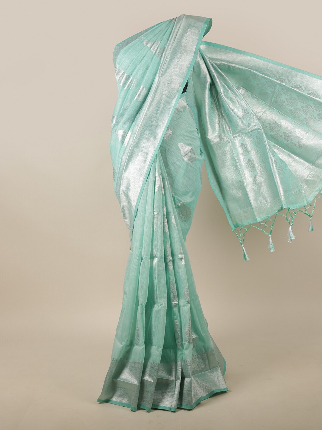 

Pothys Green & Silver-Toned Ethnic Motifs Zari Jute Silk Saree