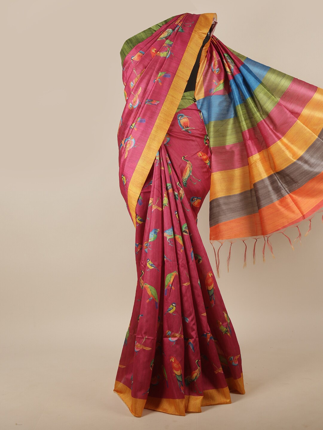 

Pothys Pink & Green Ethnic Motifs Jute Silk Saree