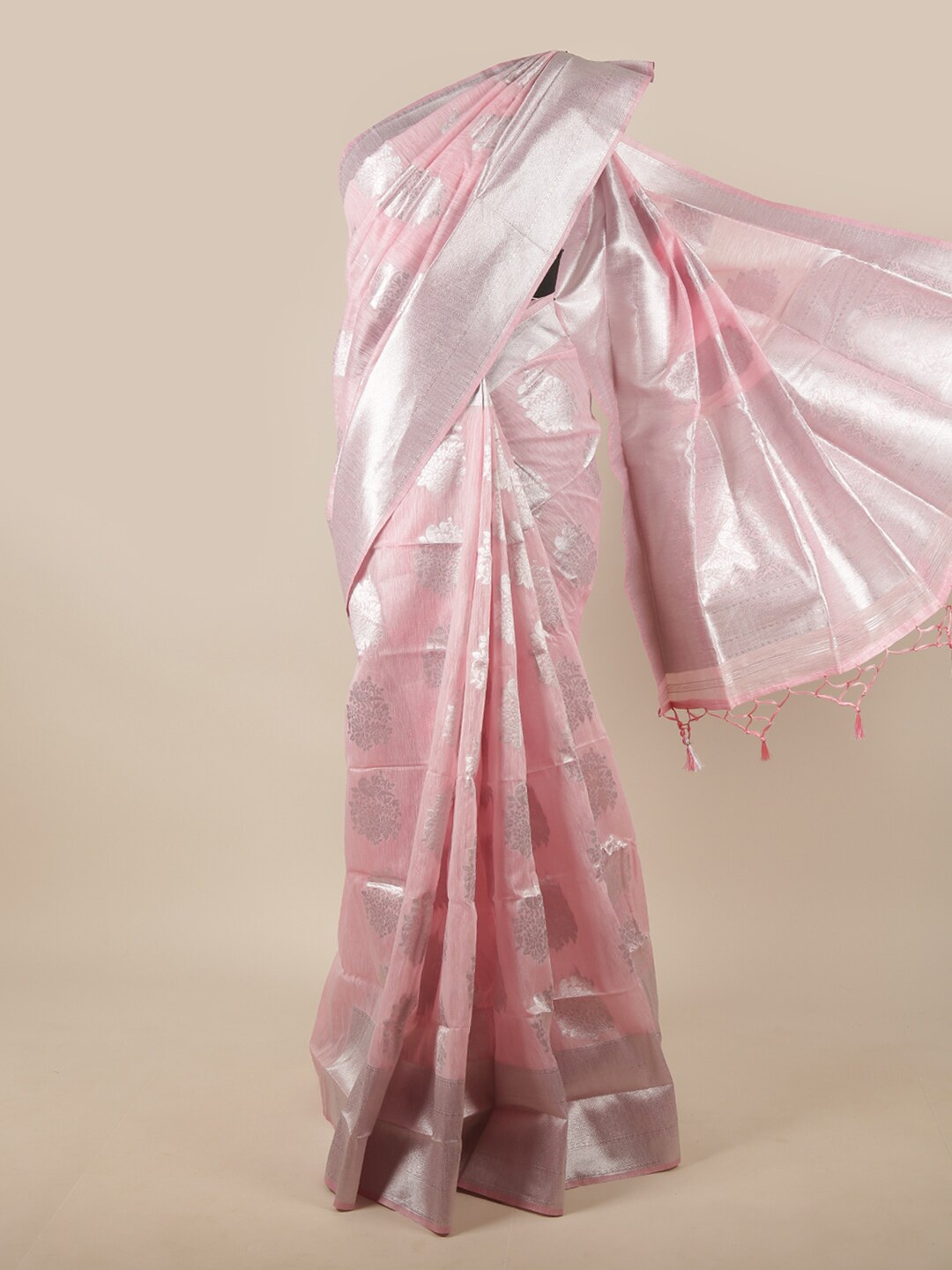 

Pothys Pink & Silver-Toned Ethnic Motifs Zari Jute Silk Saree