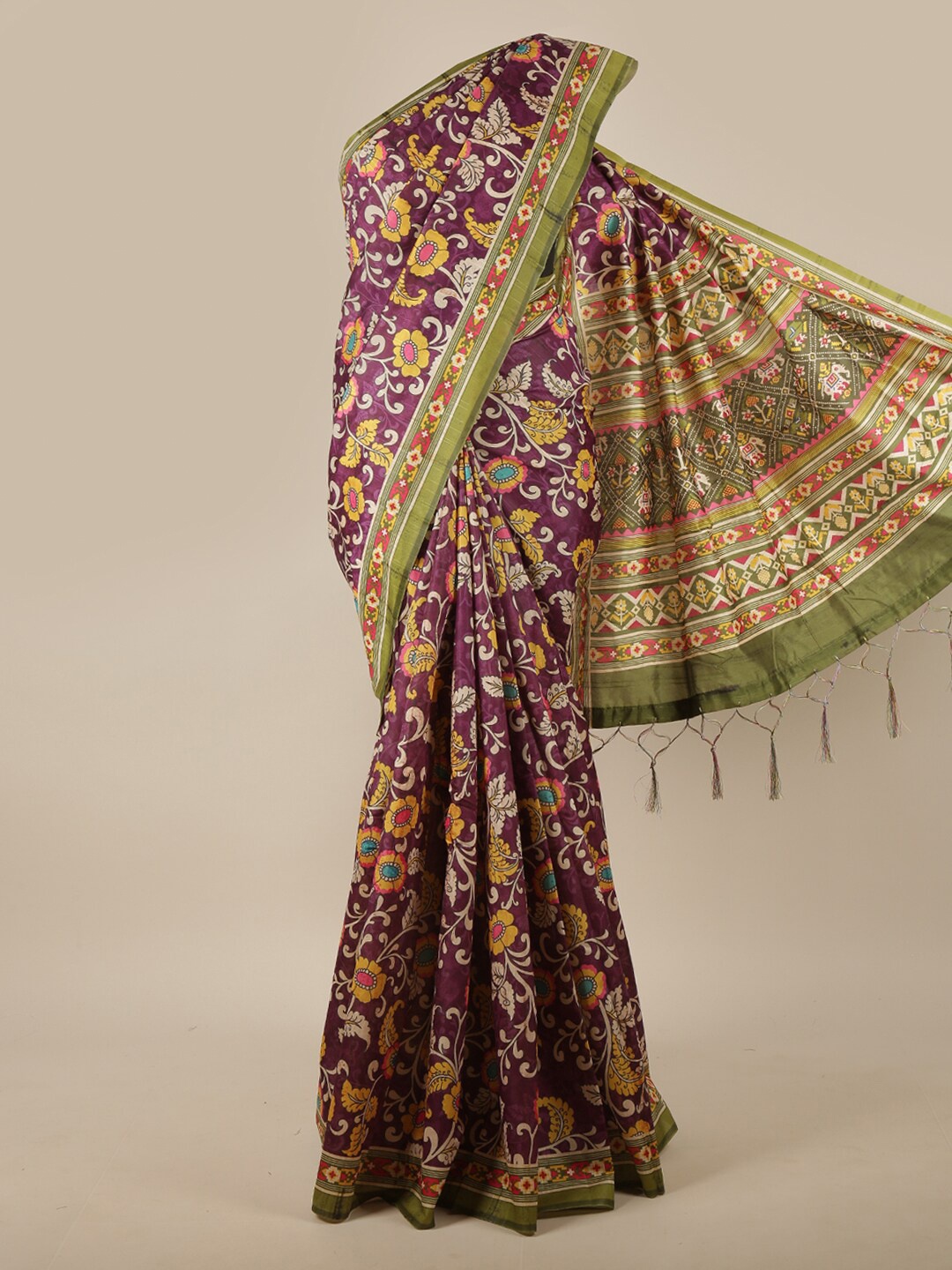 

Pothys Purple & Yellow Floral Printed Jute Silk Saree
