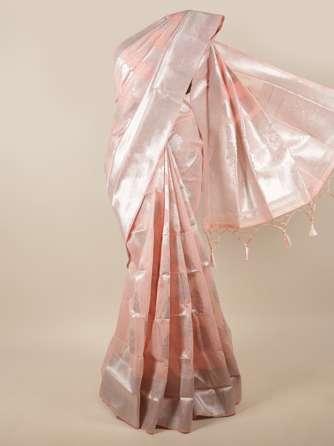 

Pothys Peach-Coloured & Silver-Toned Woven Design Zari Jute Silk Saree
