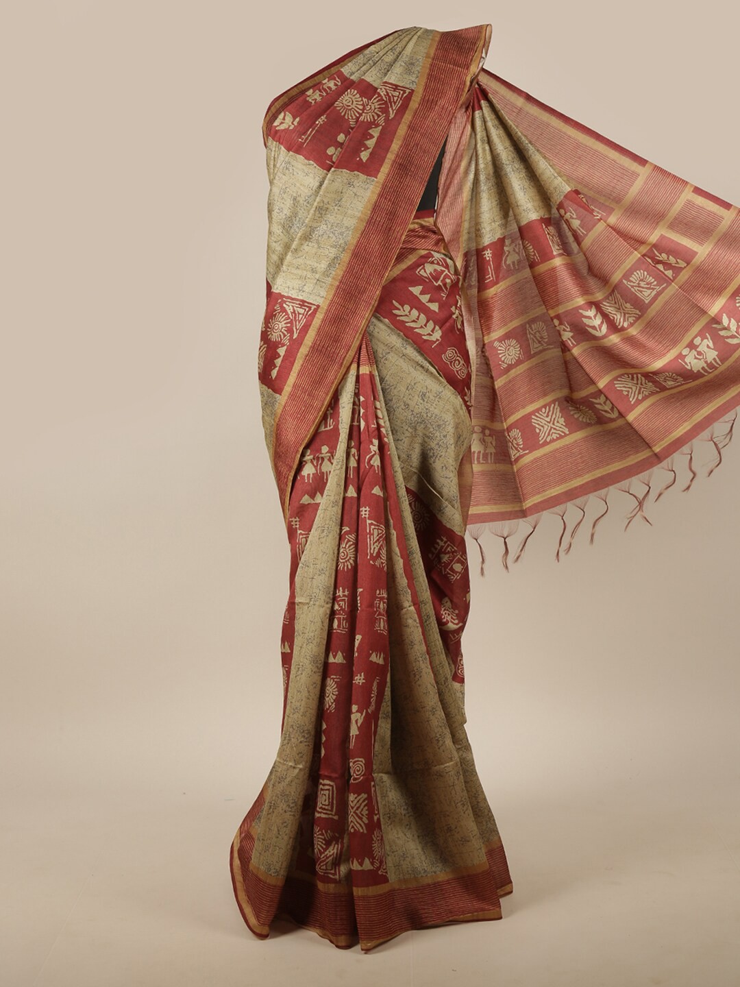 

Pothys Red & Beige Ethnic Motifs Printed Jute Silk Saree