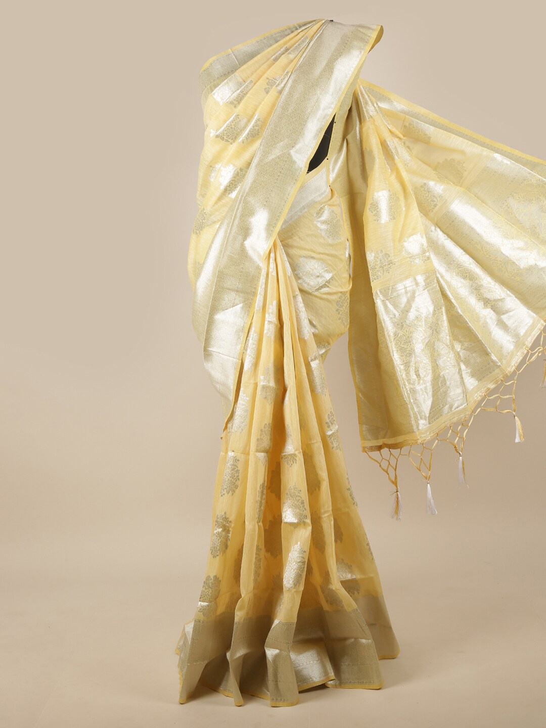

Pothys Yellow & Silver-Toned Floral Jute Silk Saree