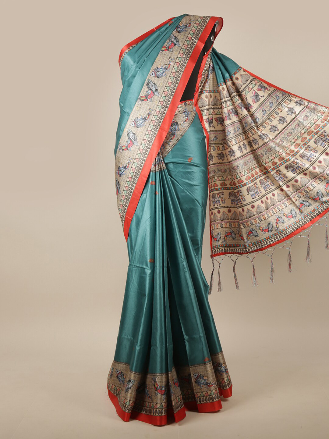 

Pothys Green & Blue Ethnic Motifs Jute Silk Saree