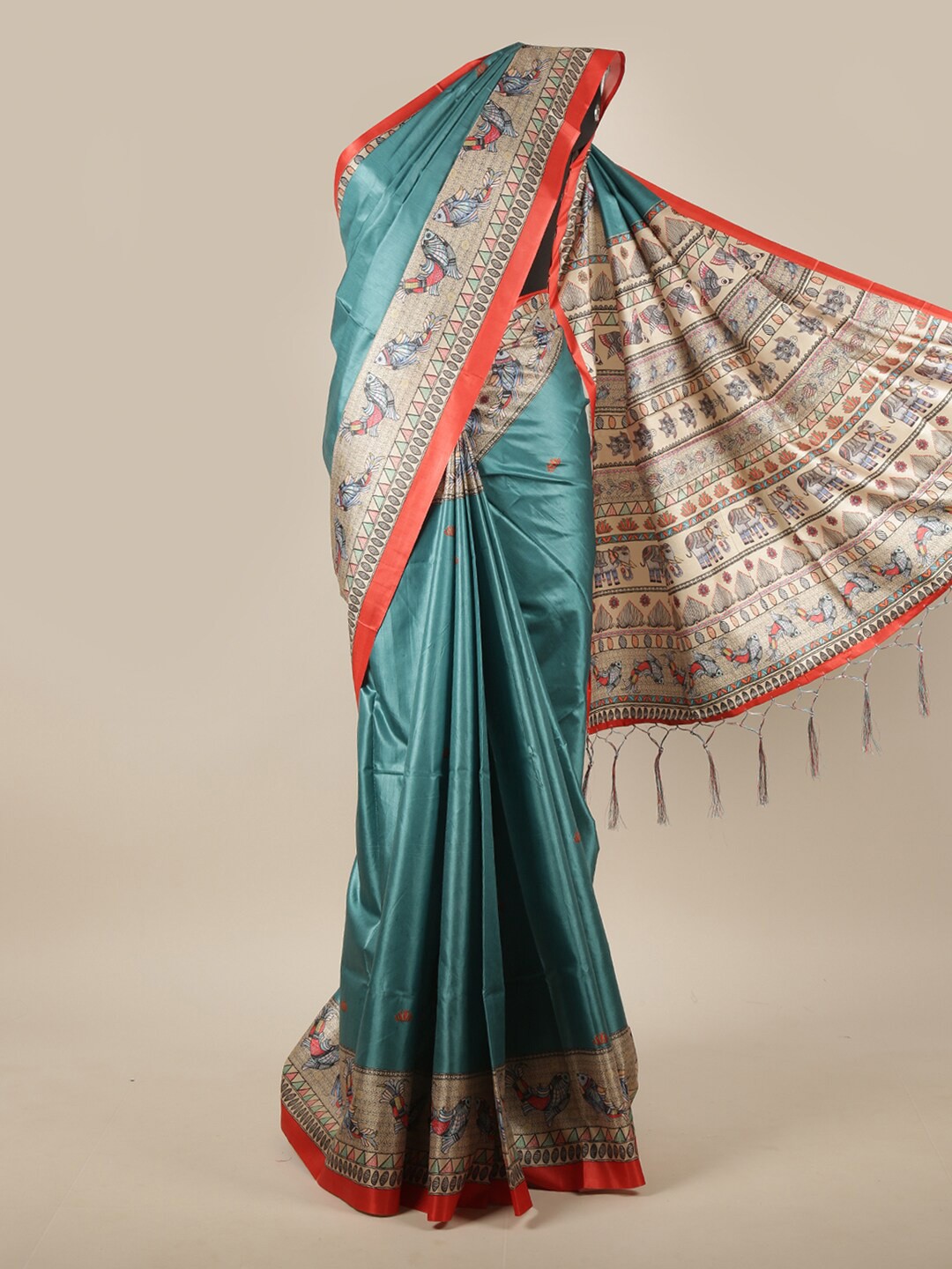 

Pothys Green Floral Printed Jute Silk Saree
