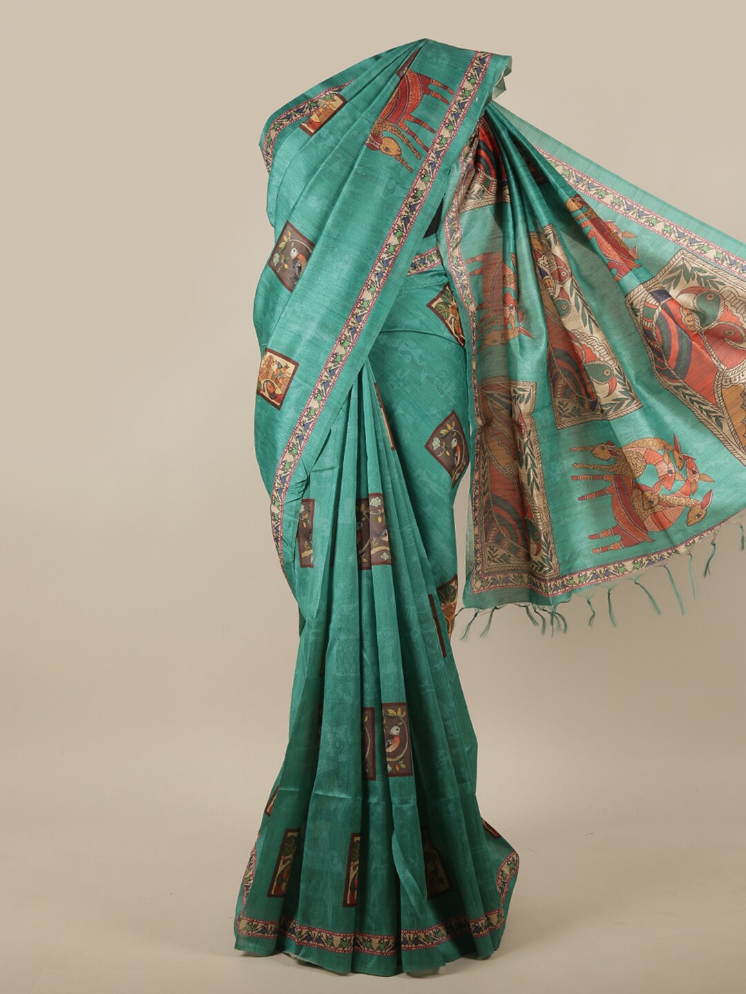 

Pothys Green & Red Ethnic Motifs Jute Silk Saree