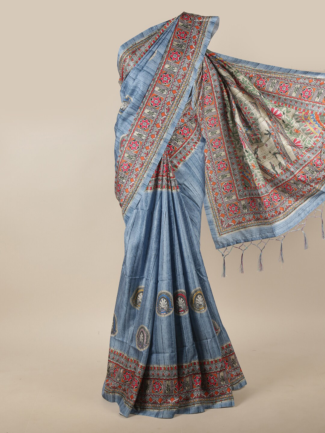 

Pothys Blue & Red Floral Jute Silk Saree