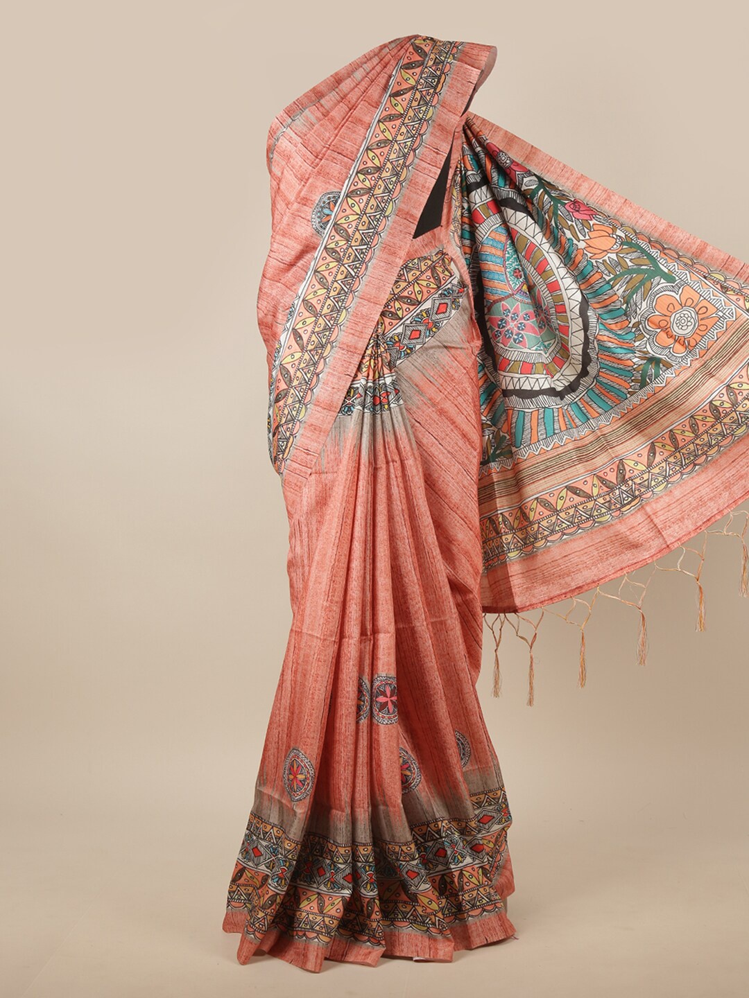 

Pothys Peach-Coloured & Blue Ethnic Motifs Saree